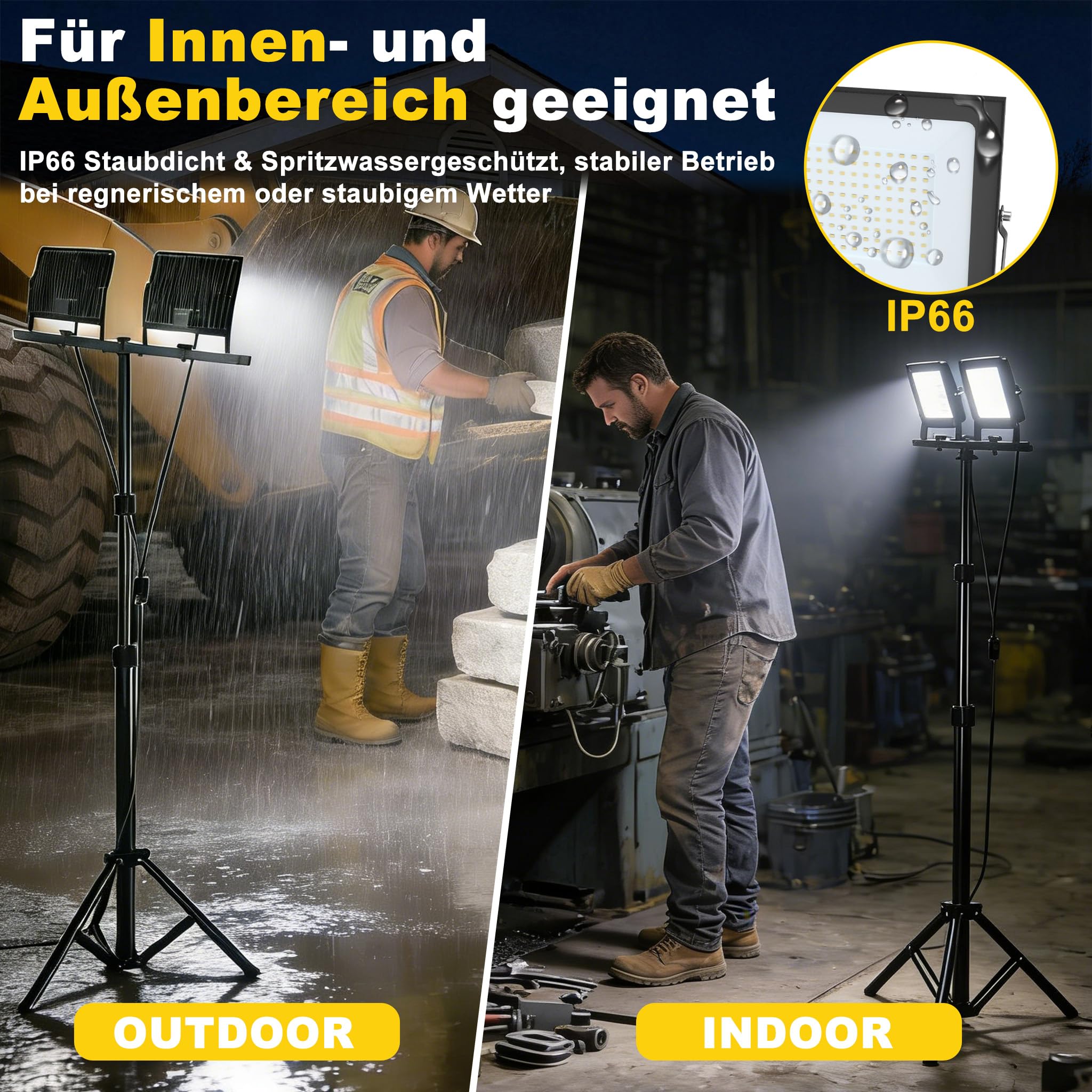 XMTECH LED Baustrahler 2×200W mit Teleskop-Stativ, IP66, 2 Fluter, Fernbedienung, dimmbar, 6000–6500K, 120° Abstrahlwinkel, 220V, flimmerfrei, robust für Baustelle, Garage, Außenbeleuchtung
