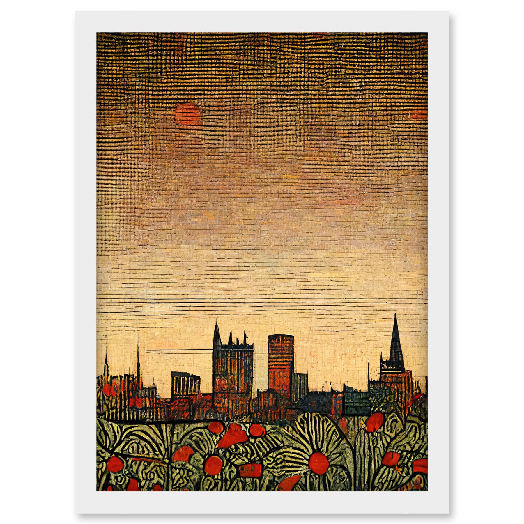 Doppelganger33 LTD Floral City Skyline Poppies William Morris Artwork Framed A3 Wall Art Print