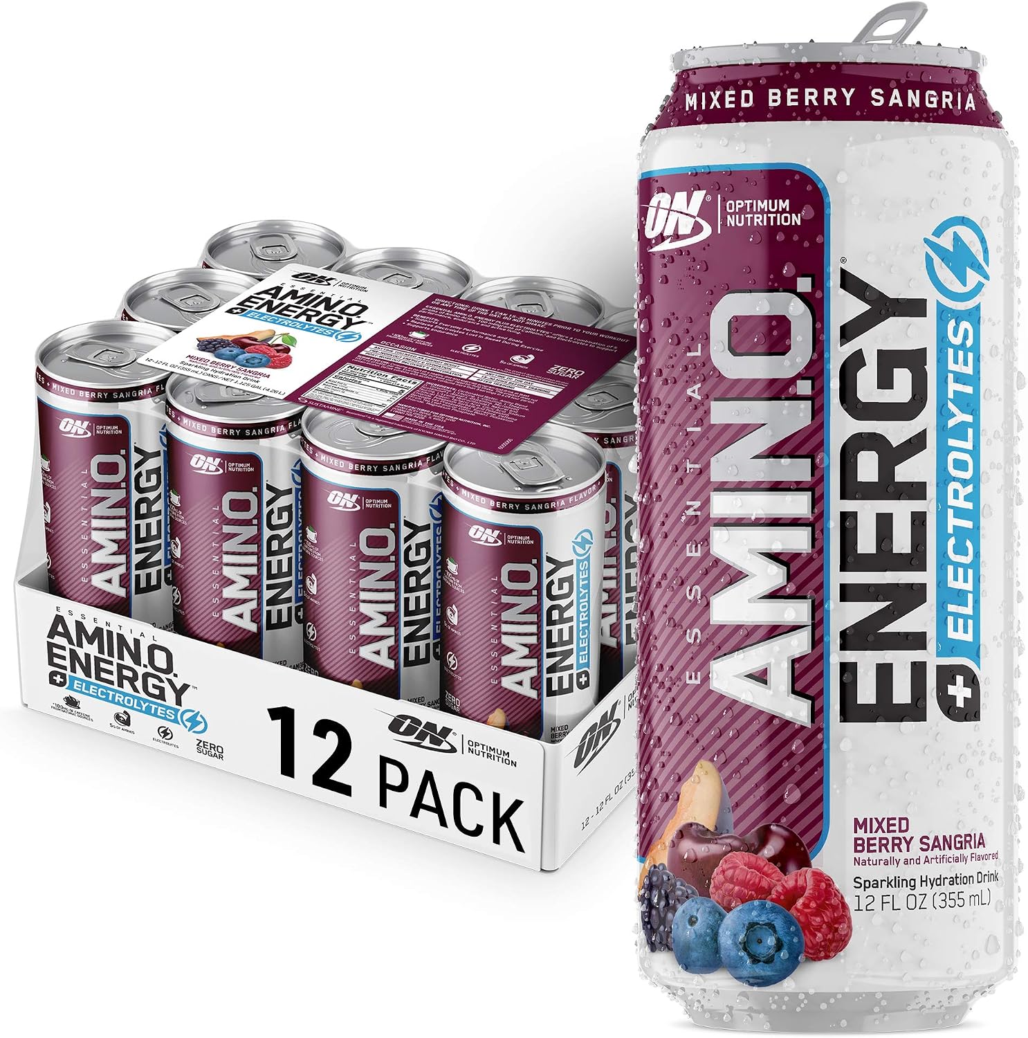 Optimum Nutrition Amino Energy Drink + Electrolytes for Hydration - Sugar Free, Amino Acids, BCAA, Keto Friendly, Sparkling Drink - Mix Berry Sangria, Pack of 12 (Packaging May Vary)