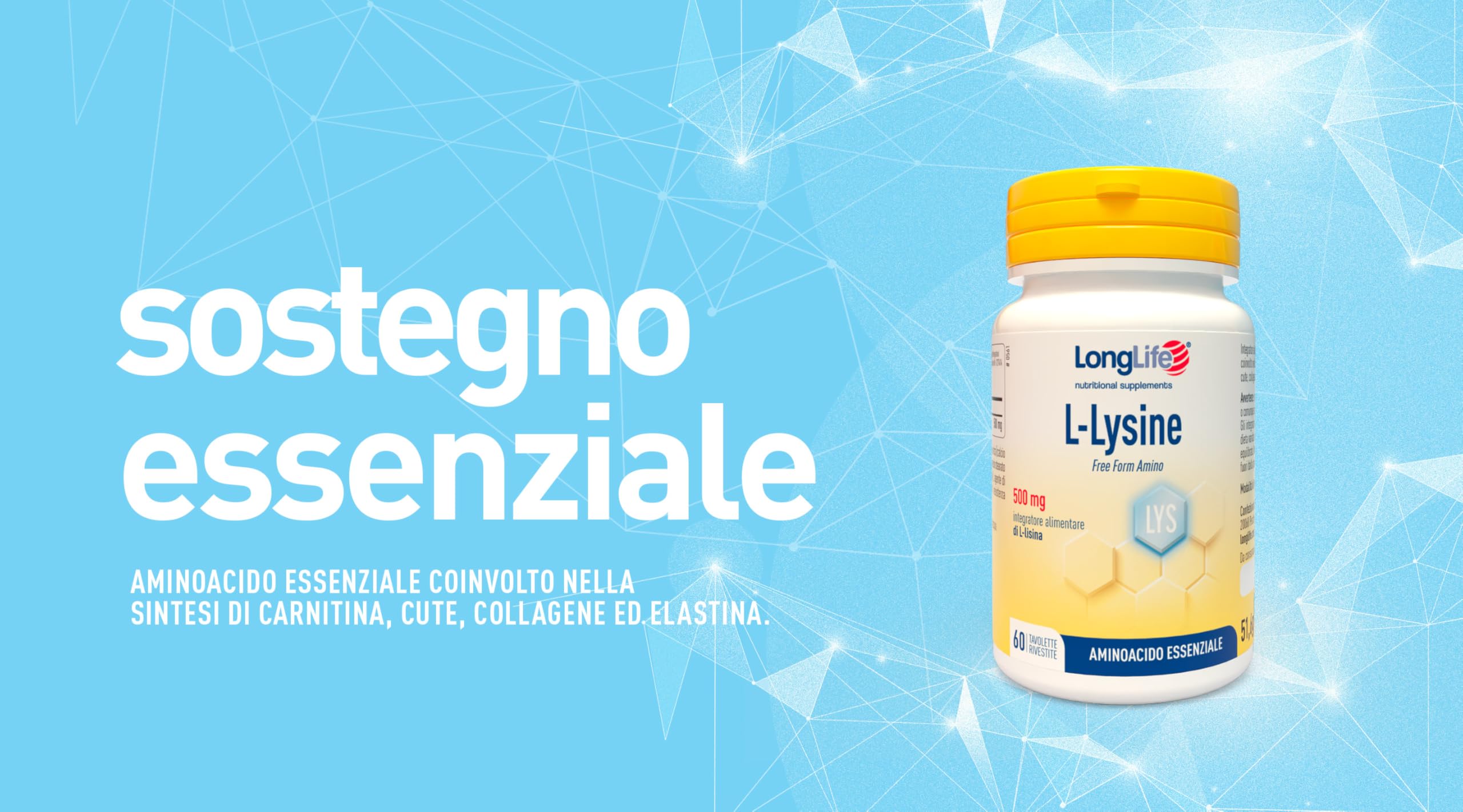 LongLife® L-Lysine 500mg | Integratore alimentare a base di L-Lisina | Sintesi dei tessuti connettivi | Benessere immunitario | Fino a 2 mesi di trattamento | Vegano e senza glutine