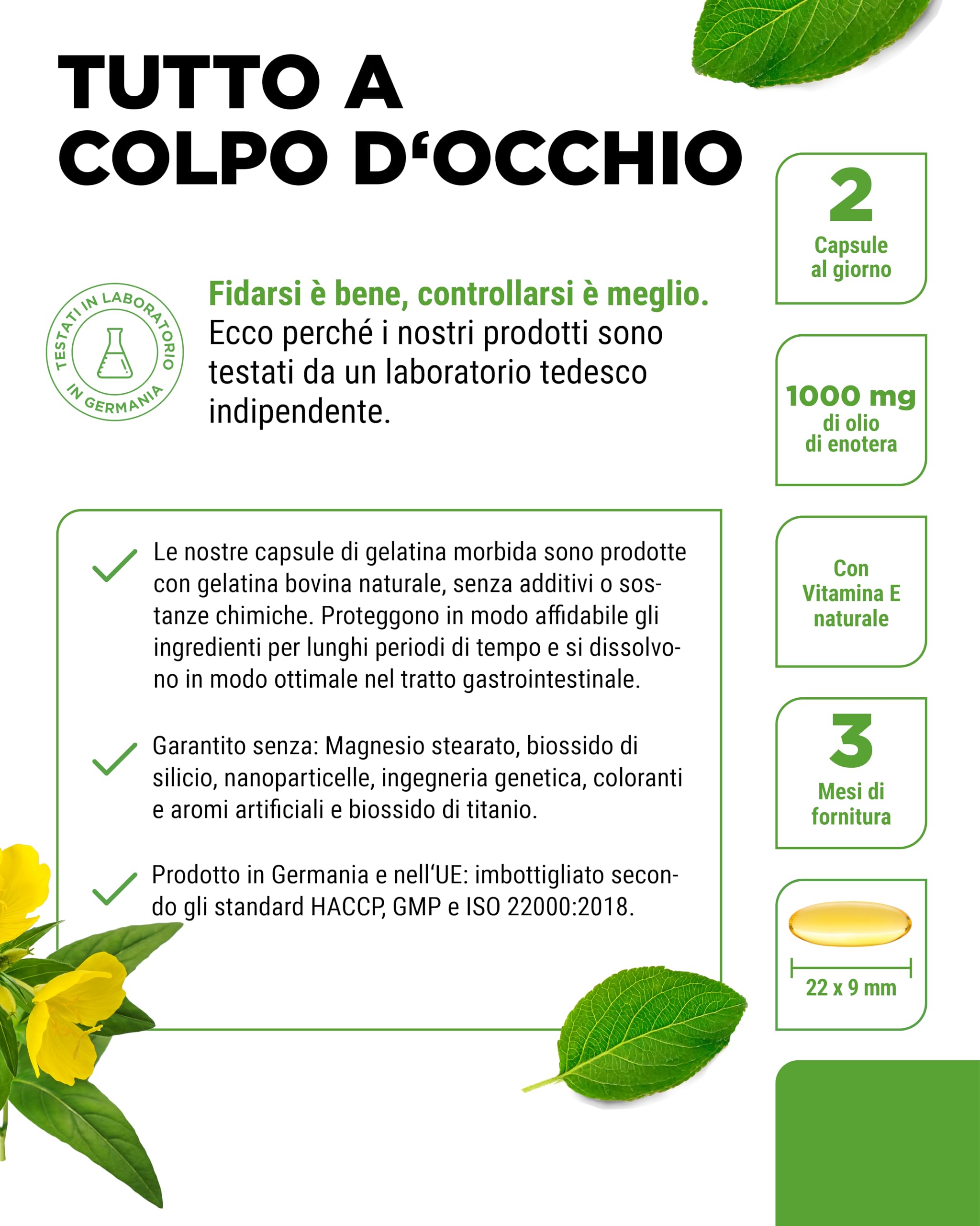 Olio di enotera - 180 capsule - Altamente dosato con 2000 mg per dose giornaliera - Premium: 10% acido gamma-linolenico GLA, con vitamina E naturale e pressato a freddo