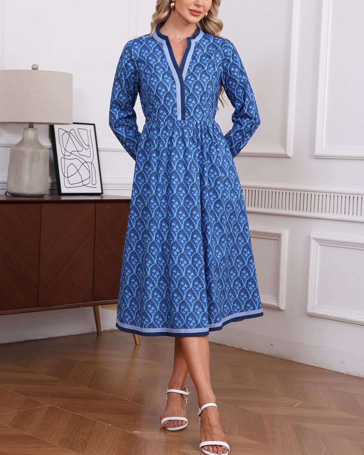 Women's Fall Floral Midi Dress Casual Long Sleeve V Neck A Line Elastic Waist Flowy Boho Dresses - Image 2