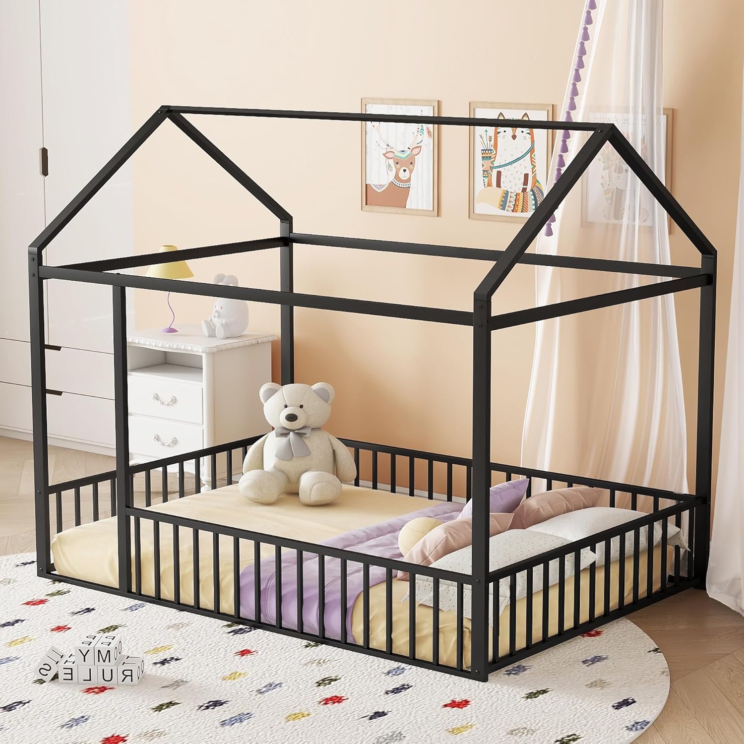 Bellemave Full Floor Bed Frame, Metal Montessori Floor Bed Full with Fence for Boys Girls Bedroom Playhouse for Kids No Slat, Easy Assembly House Shaped Floor Beds Pink