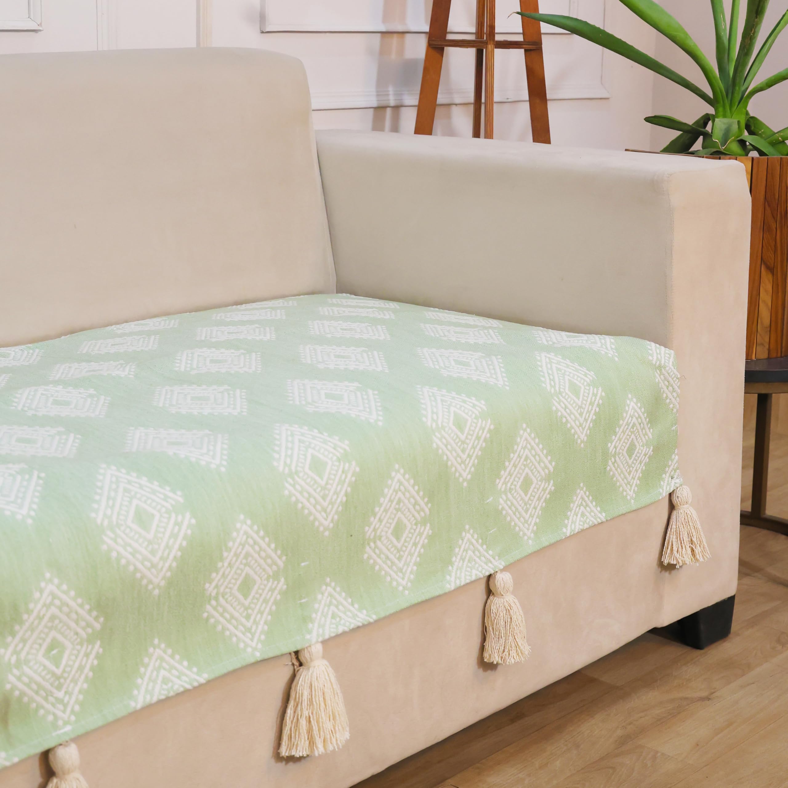 STITCHNEST 'Verdant Rekhika Stories' 2 Seater Sofa Cover| Elegant Jacquard Fabric, Decorative Tassels, Washable & Durable for Modern Living