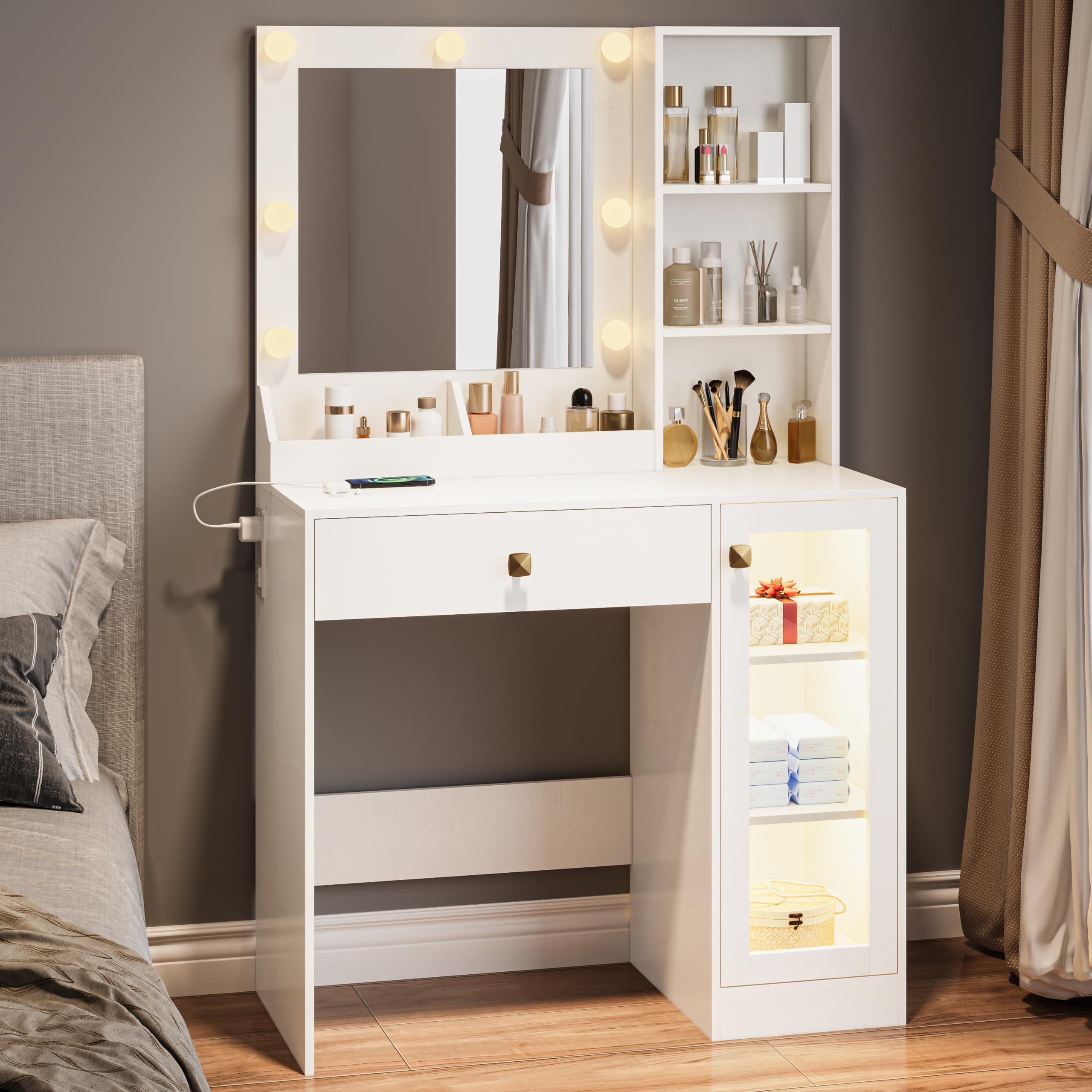 Wodeer Small Makeup Vanity Desk with Mirror and Lights, Vanity with Glass Cabinet, LED Lights &amp; Power Outlet, Drawer &amp; RGB Glass Cabinets, Adjustable Lighted Dressing Table for Women &amp; Girls Bedroom