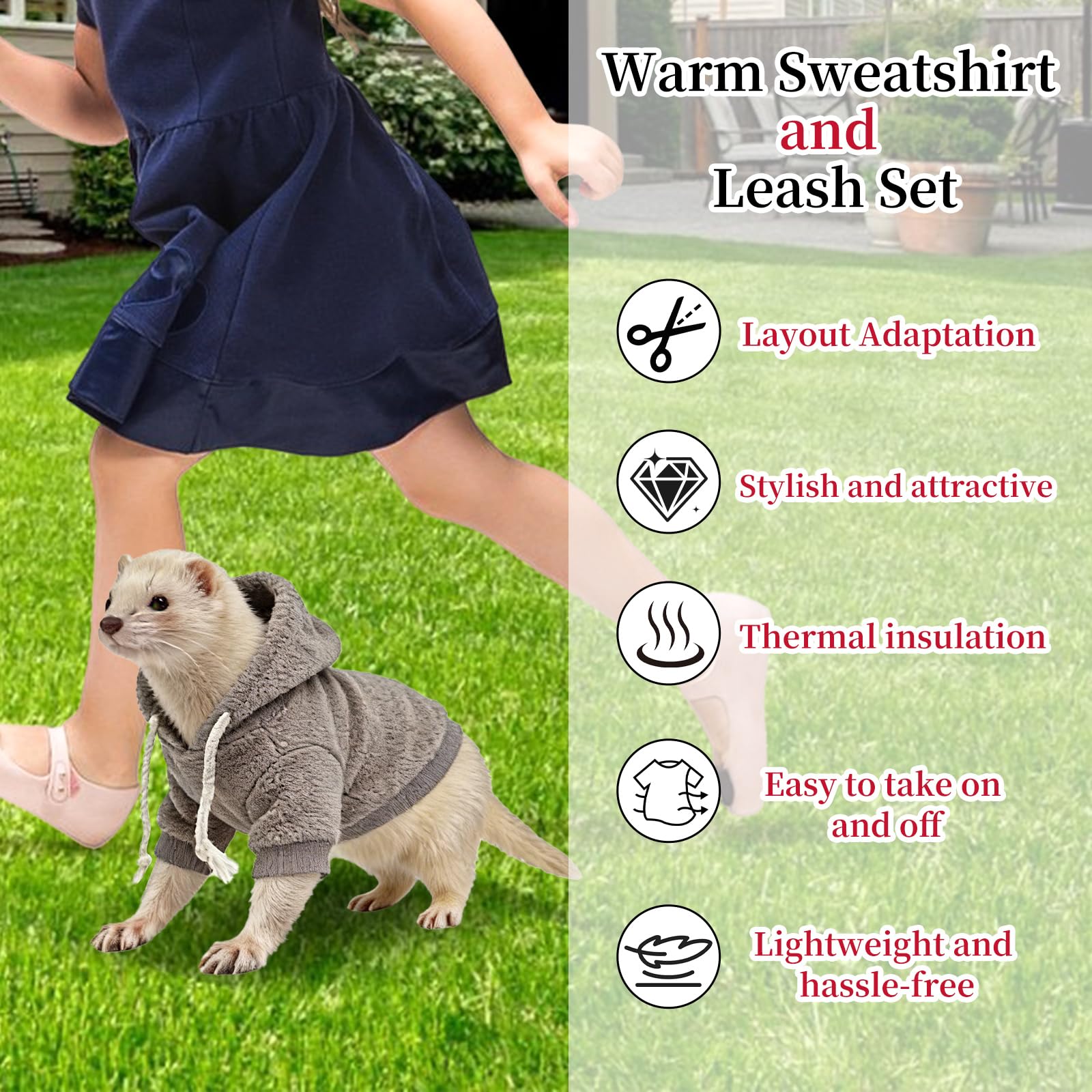 Ensemble vêtements et laisse pour furet, pull à capuche chaud avec harnais et laisse pour la promenade en plein air, vêtement confortable pour furets, chinchillas, petits animaux de compagnie, tenue