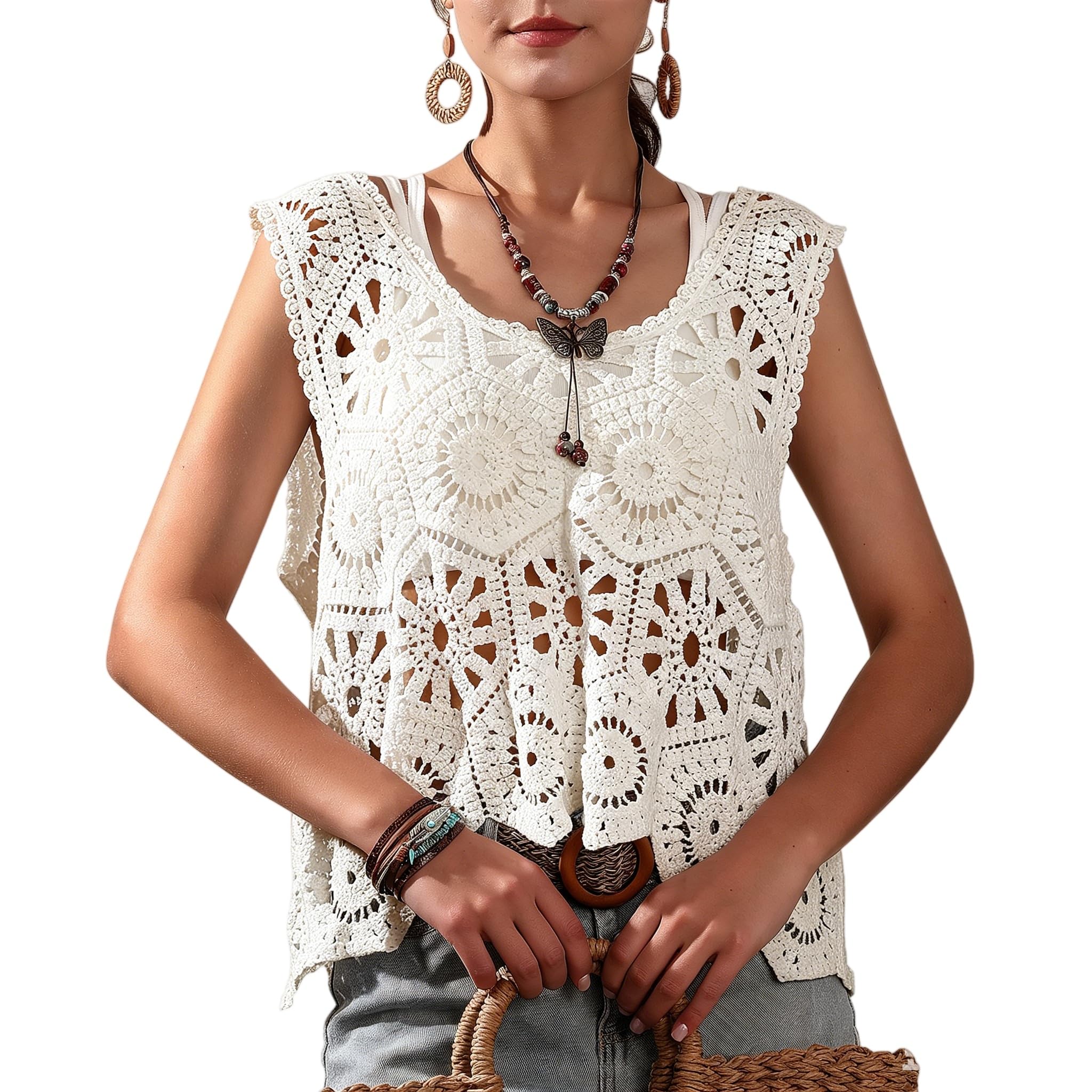 SMDPPWDBB Womens Floral Crochet Lace Boho Trim Sleeveless Open Front Vest Cardigan, White, One Size