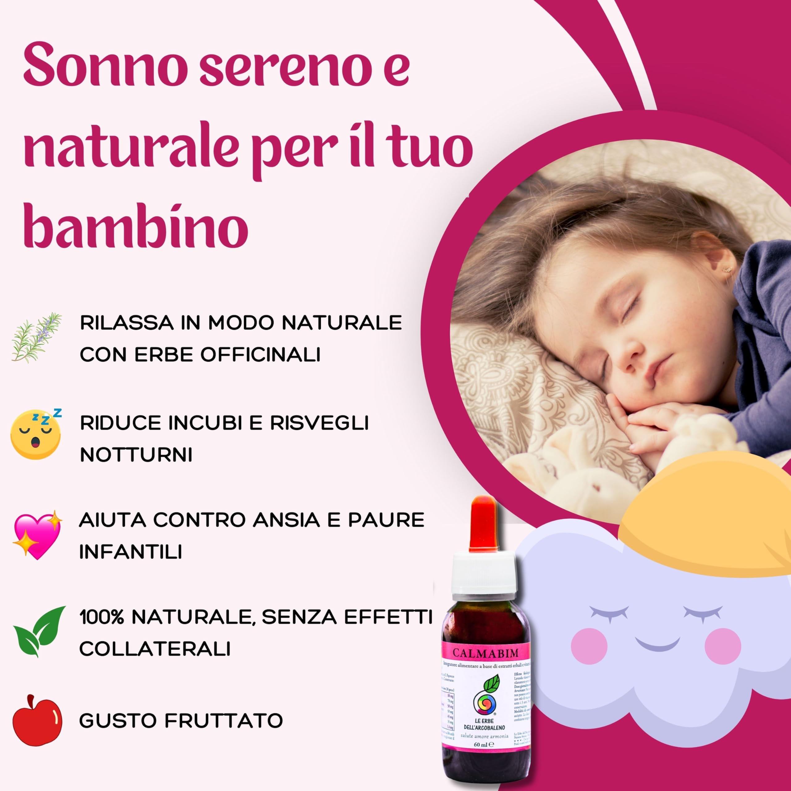 CalmaBim Gocce Per Dormire Bambini | Rilassamento Naturale Senza Melatonina Bambini | Favorisce un Sonno Tranquillo e Sereno | Passiflora, Camomilla, Vitamina B6 | Gusto Fruttato | Made in Italy 60 ml