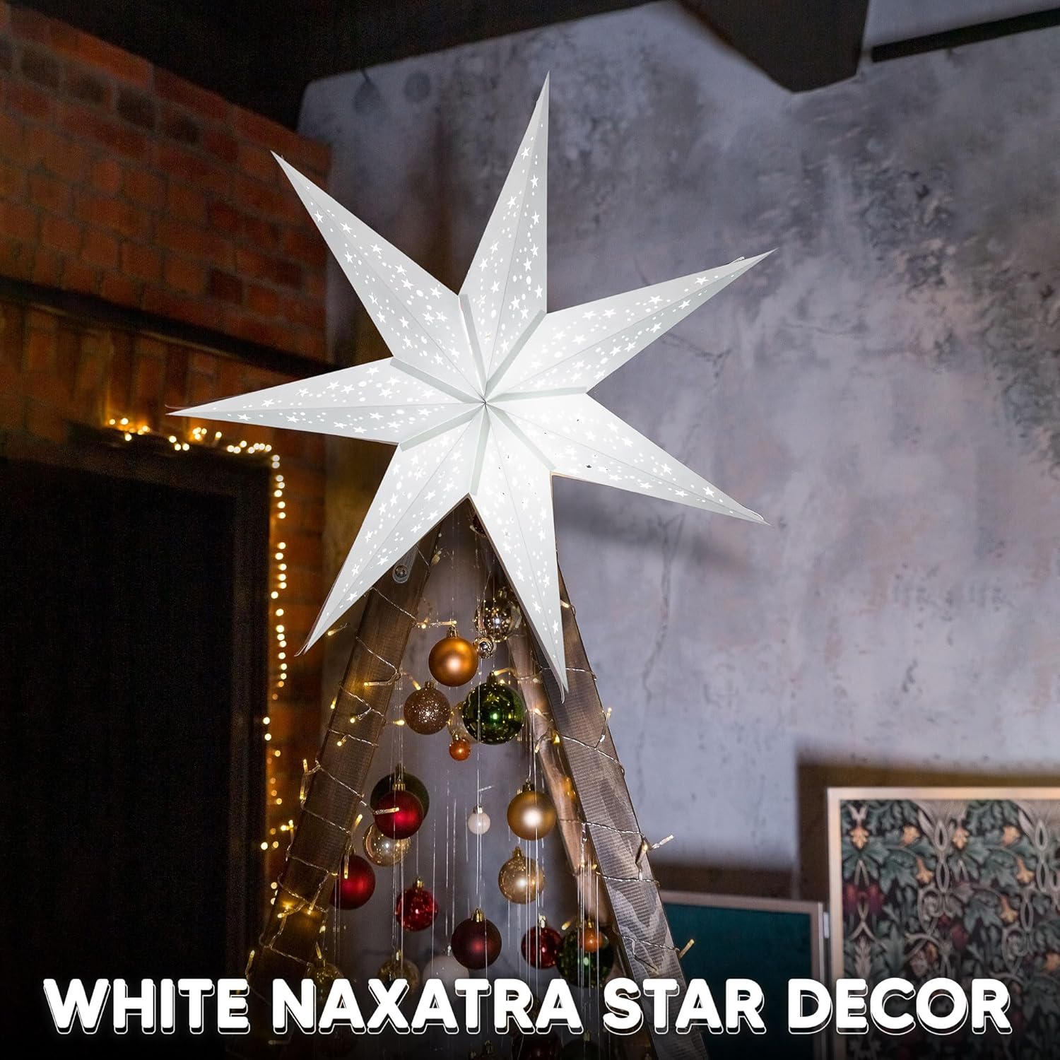 GalaxyArts Paper Star Lanterns, 24 Inch Naxatra (White Medium) Light Up Hollow Out 7 Pointed Star Hanging Lamp Decoration for Wedding Holiday Birthday Party Christmas Celebration Indoor Outdoor Décor