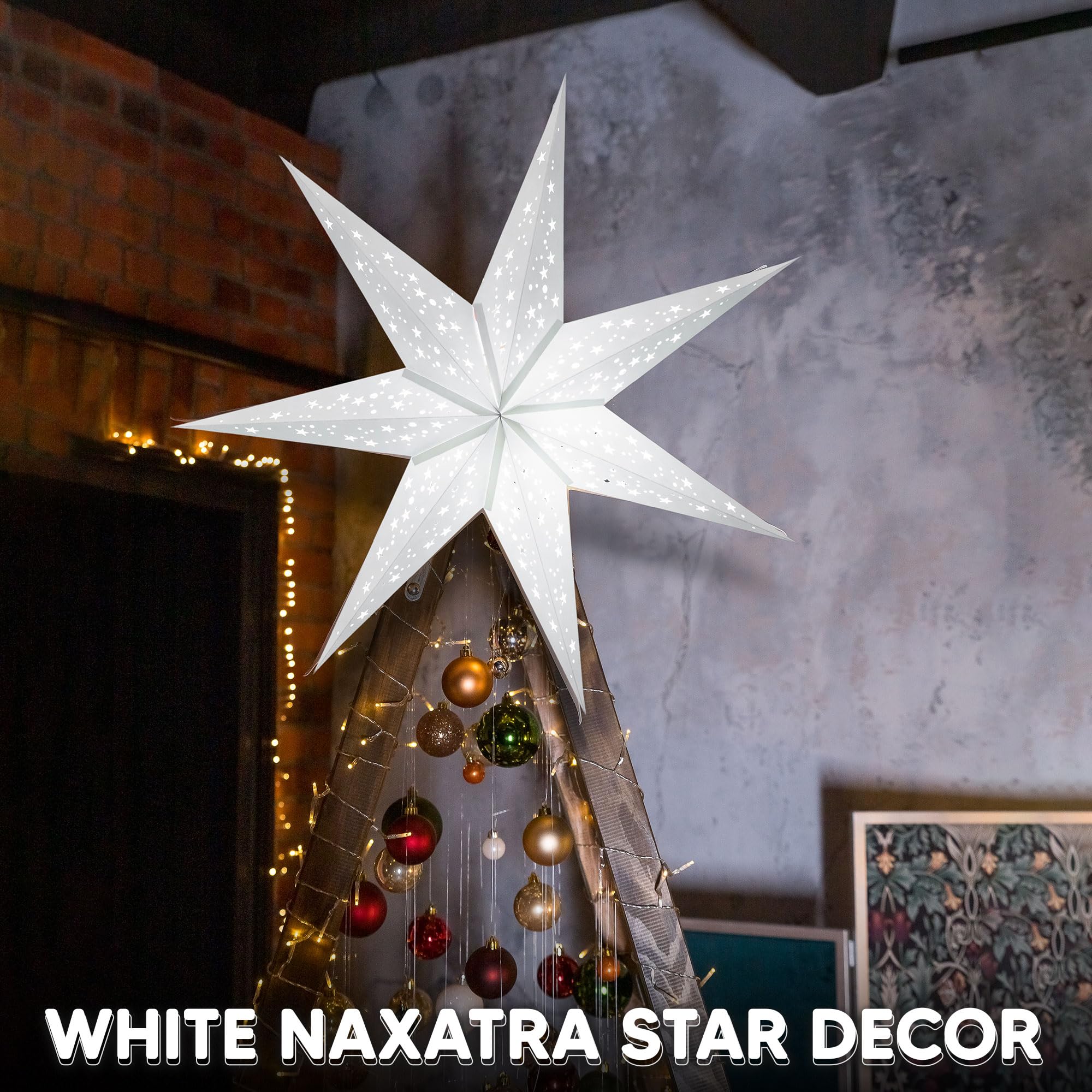 GalaxyArts Papierowe lampiony w kształcie gwiazd, 61 cm Naxatra (białe średni), świecące, drążone, 7 szpiczastych gwiazd, wisząca lampa, dekoracja na ślub, święta, urodziny, przyjęcie, Boże Narodzenie
