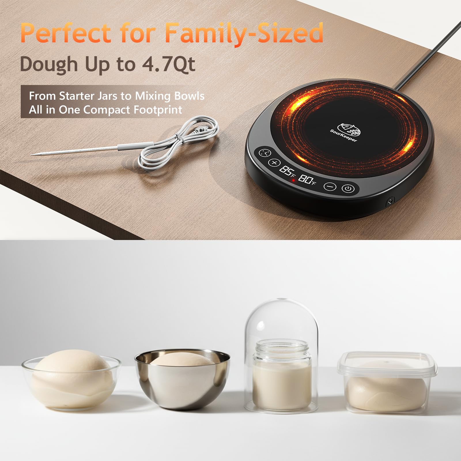 SourKeeper Plus grand chauffe-levain Pro – Plaque chauffante plus grande mise à niveau 2026, sonde de température de la pâte, contrôle de -17,2 °C (21,1 à 43,3 °C), minuterie 24 heures, surveillance