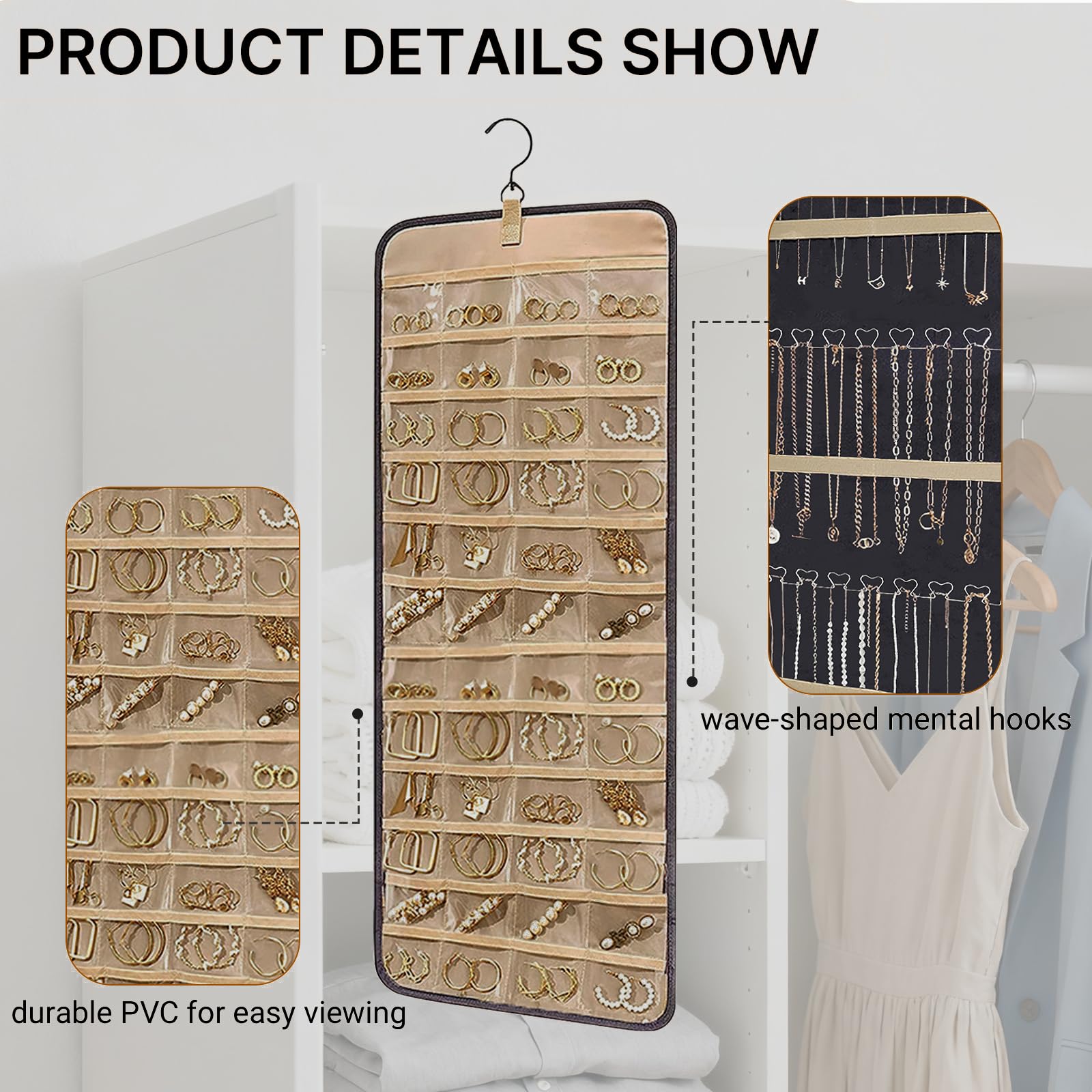 Organizador de Joyas Colgante de Doble Cara con Ganchos de Metal,Almacenamiento a Prueba de Polvo para Pendientes,Collares y Anillos–Joyero Colgante para Armario,Pared o Puerta (Negro,1 Pieza)