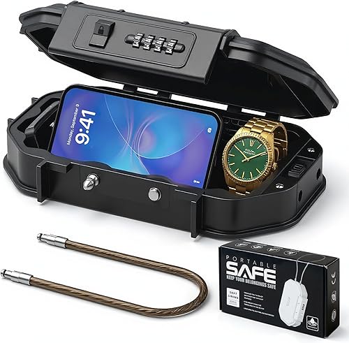 Caja de seguridad portátil con cerradura de combinación de 4 dígitos, caja fuerte de viaje impermeable con cable de acero extraíble para dormitorio,