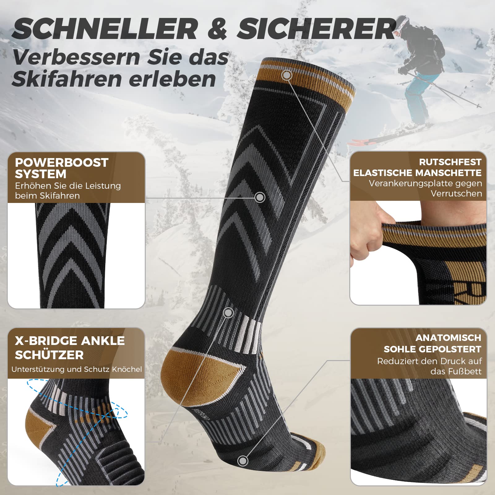 2 Paia Di Calze Sci in Lana Merino Per Uomo, Donna E Ragazzo, Calze Da Sci Snowboard a Compressione, Calze Termiche Sci Alte E Spesse Per Il Freddo, Traspiranti, Ad Asciugatura Rapida, Taglia 35-51