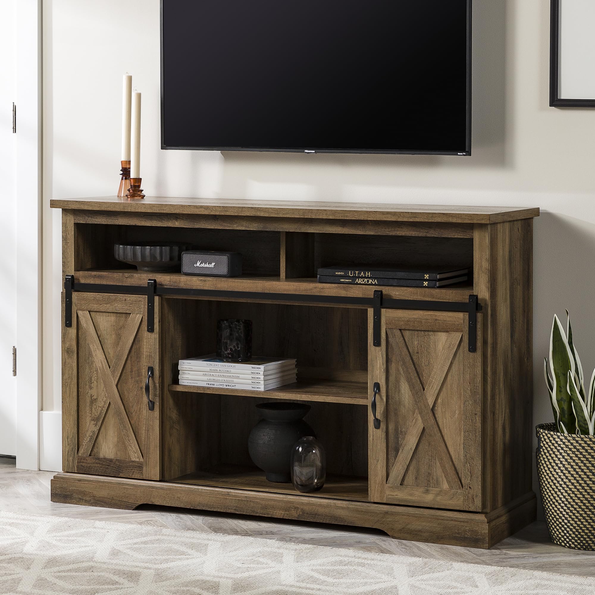 Walker Edison Clayton Farmhouse Sliding Double Barn Door TV Stand for TVs up to 58 Inches, 52 Inch, Rustic Oak
