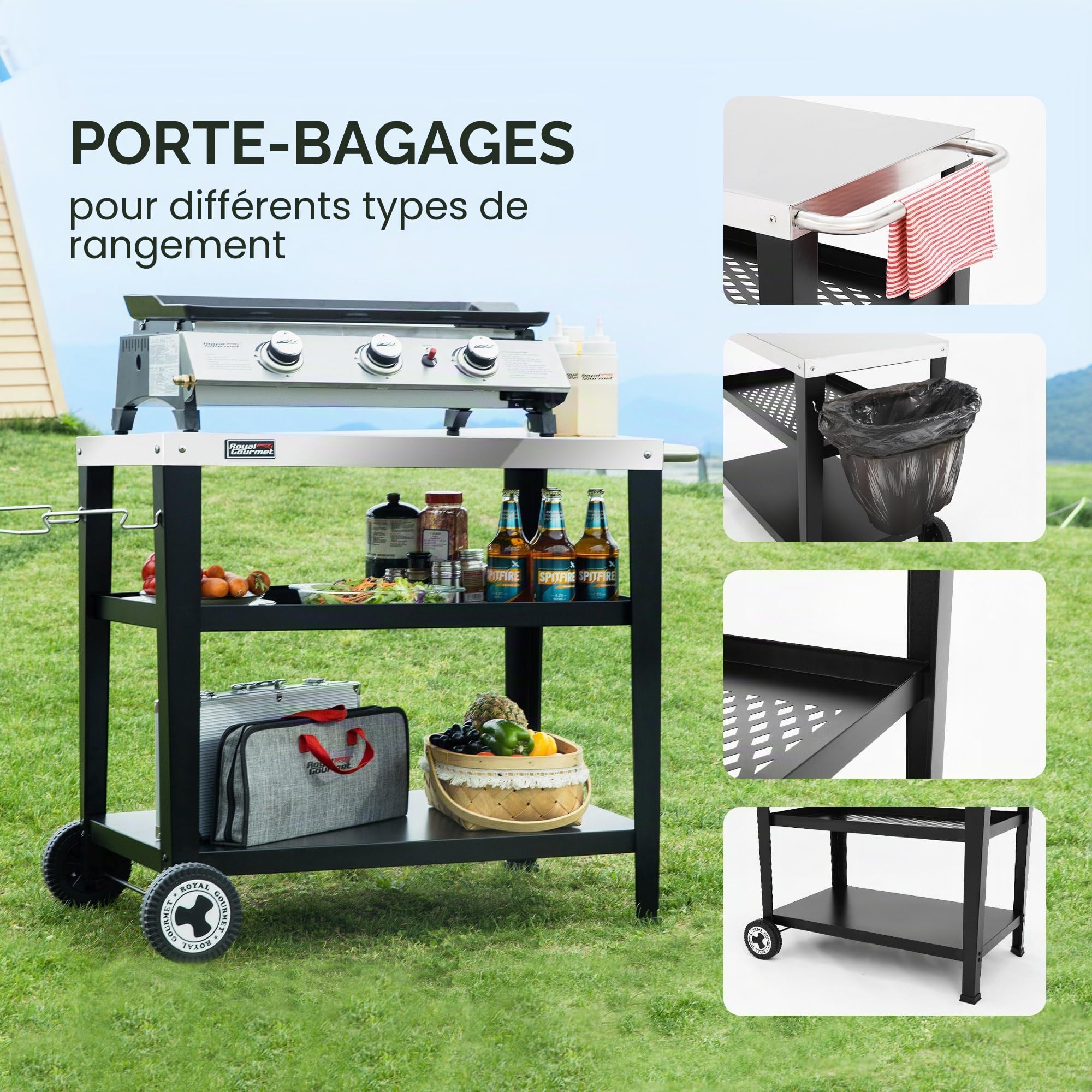 Royal Gourmet Chariot de Service à 3 étages avec Porte-Sac Poubelle - en Acier Inoxydable - Table d'appoint d'extérieur - Plancha - Table de Barbecue - Chariot à roulettes - Argenté - Plan de Travail