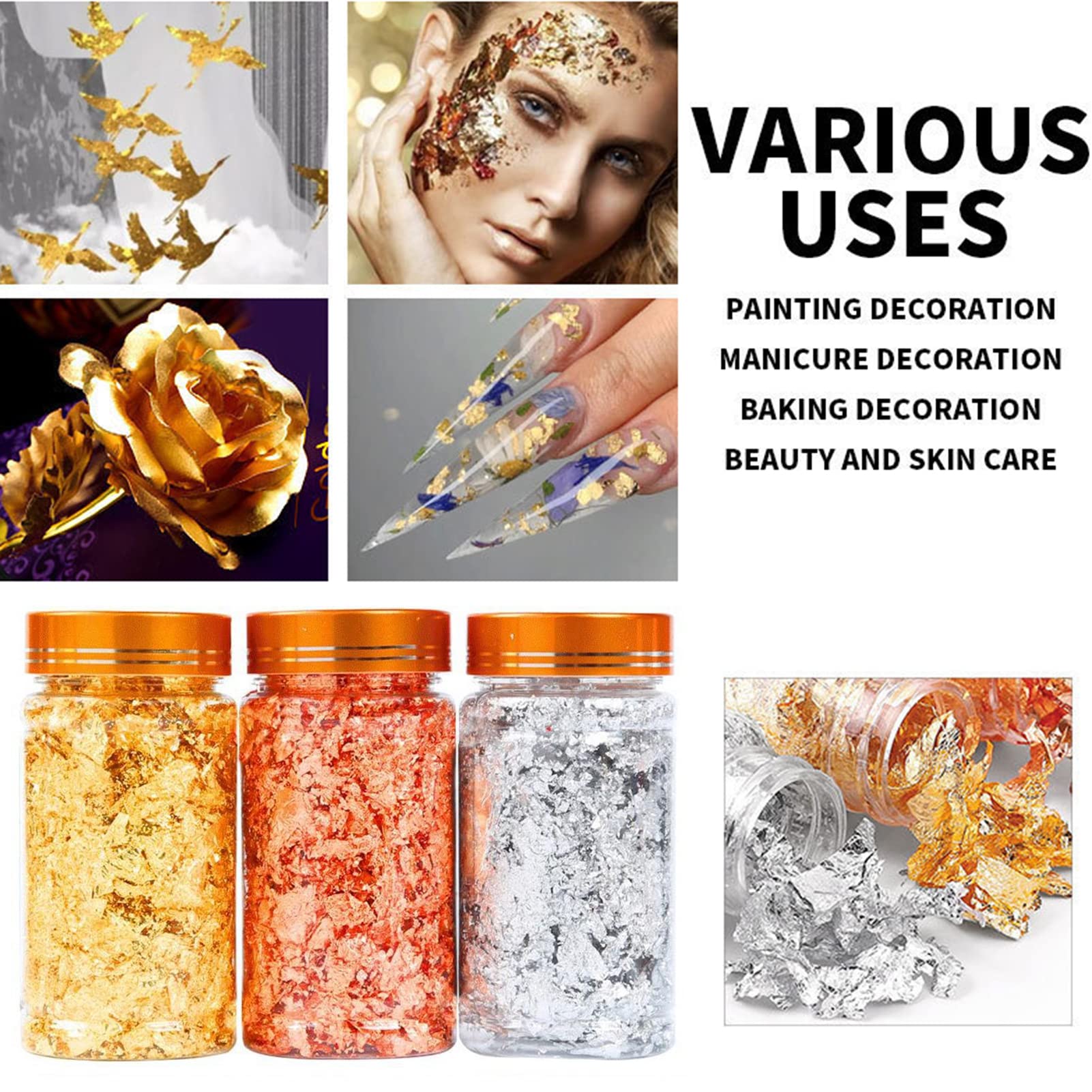 Kit 3 Flacons Feuilles D'or Multicolores - Or, Argent, Rose Or Avec Pince Pour DIY, Nail Art, Déco - 6