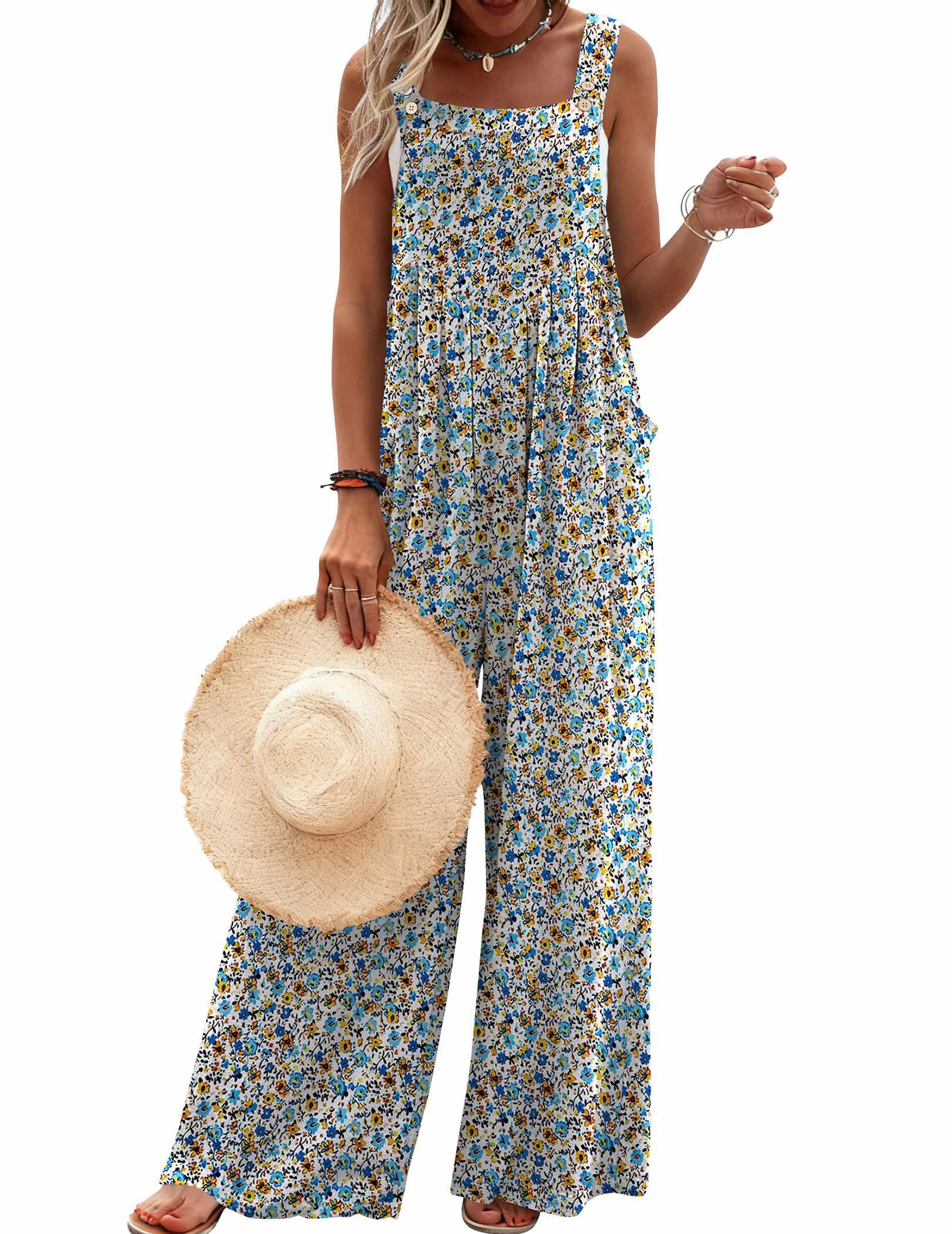 Ekouaer Women's Overalls Boho Summer Jumpsuits Cute Casual Outfits Rompers | Wide Leg Overalls for Women Loose Fit, Cruise Outfits Floral Printed Baggy Rompers, Vacation Beach Clothes with Pockets