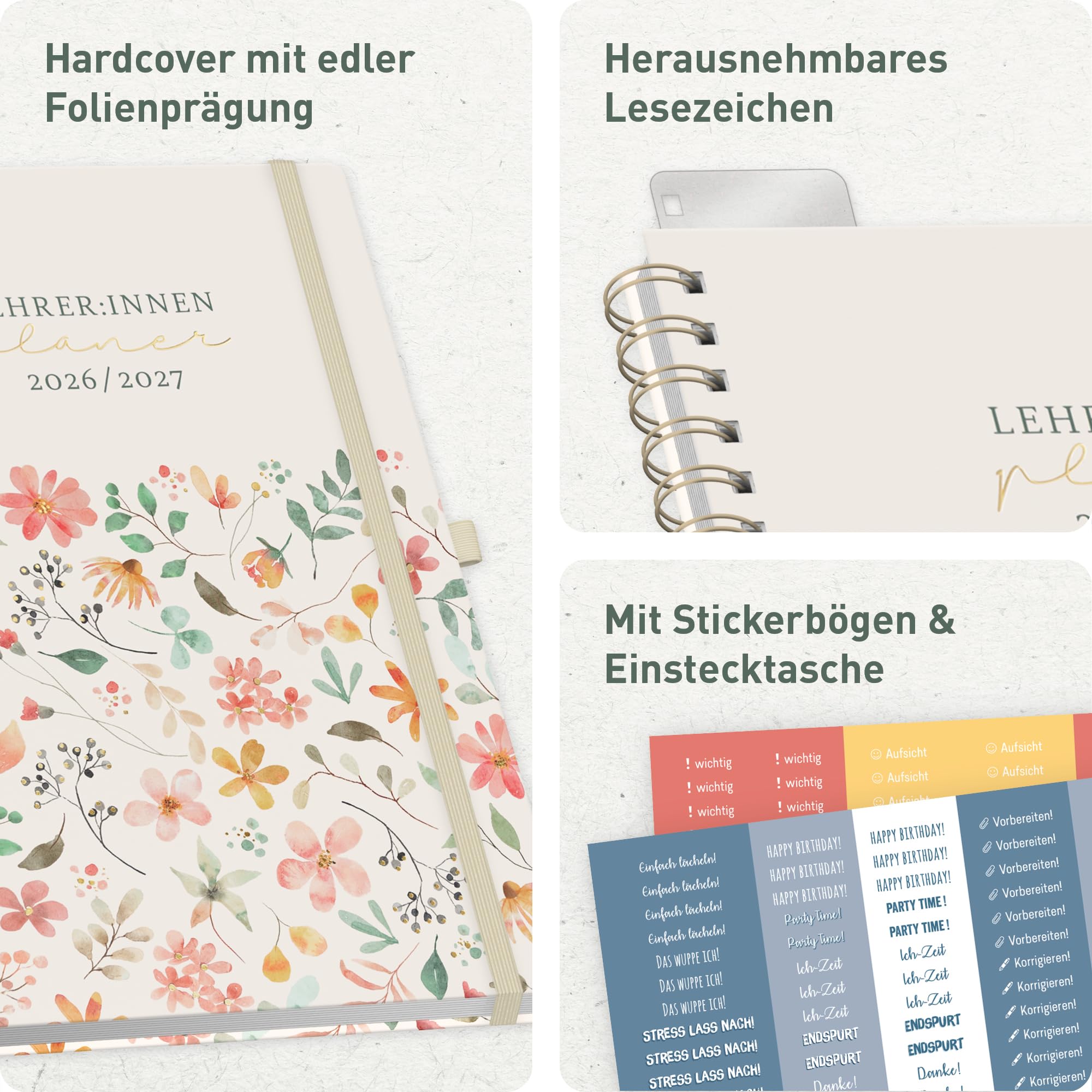 Häfft® Lehrerplaner 2026/2027 A4+ Deluxe – Großer Lehrerkalender & Schulplaner 26/27 mit Hardcover & Spiralbindung "Wild Blossoms" – Für Grundschule, weiterführende Schulen & Referendariat