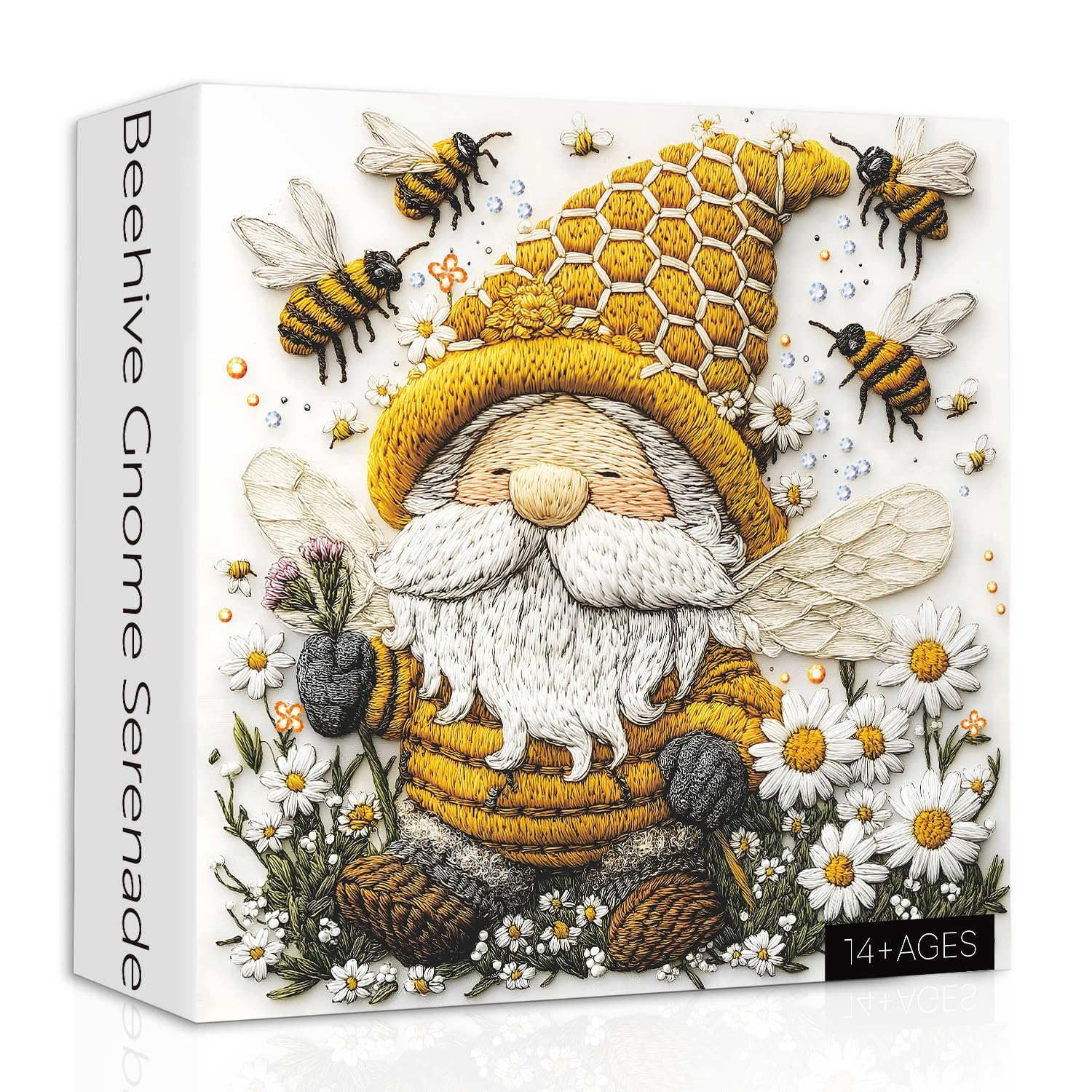 Bee Gnome Puzzles for Adults 1000 Pieces, Embroidery Honey Bee Flowers Garden Jigsaw Puzzles, Spring Gnome Plant Puzzle as Floral Decor