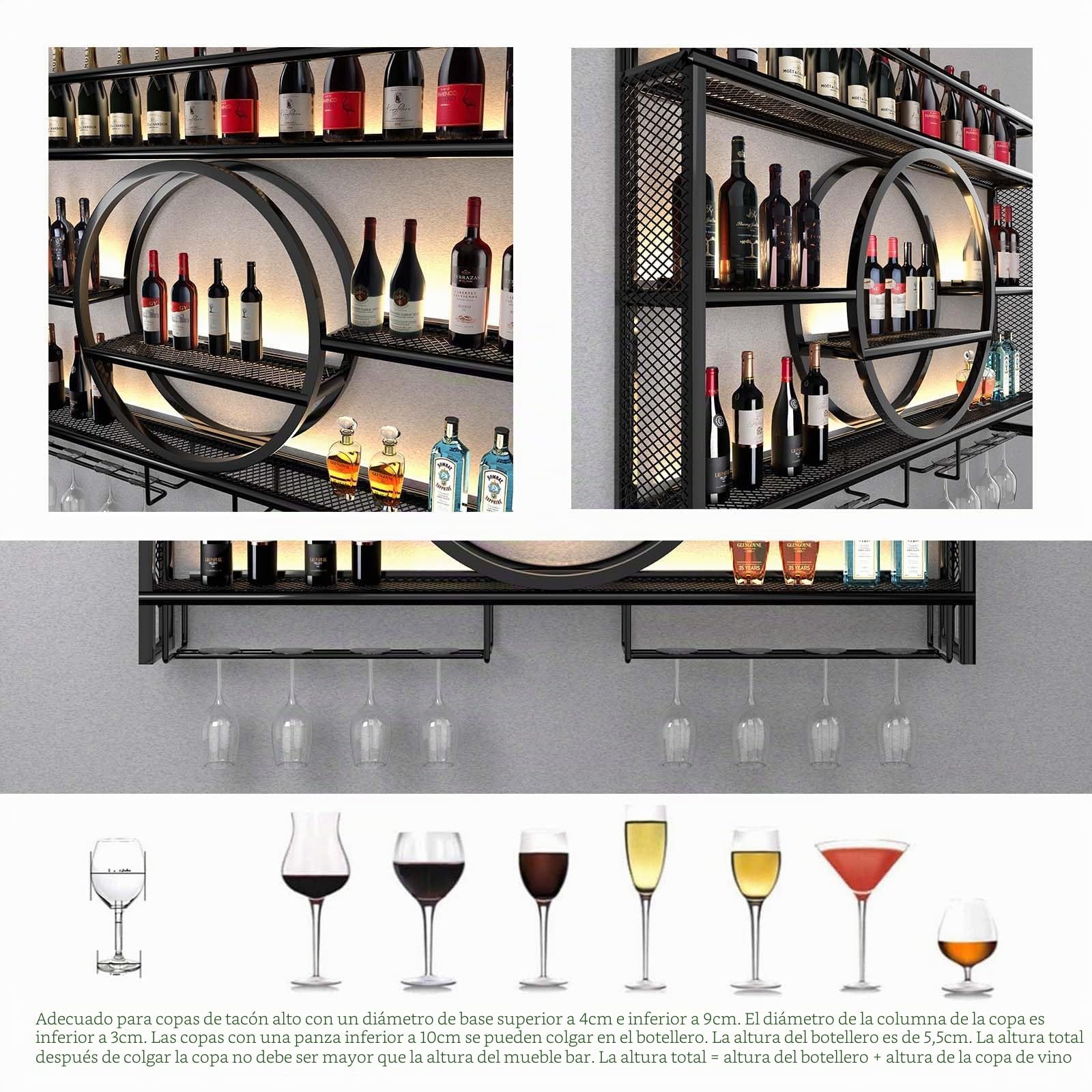 Estantería industrial para vino montada en la pared, soporte flotante para exhibición de vino con LED y rayas de sombreado, estantería multifuncional para el hogar, restaurante, bares (Black, 120CM)