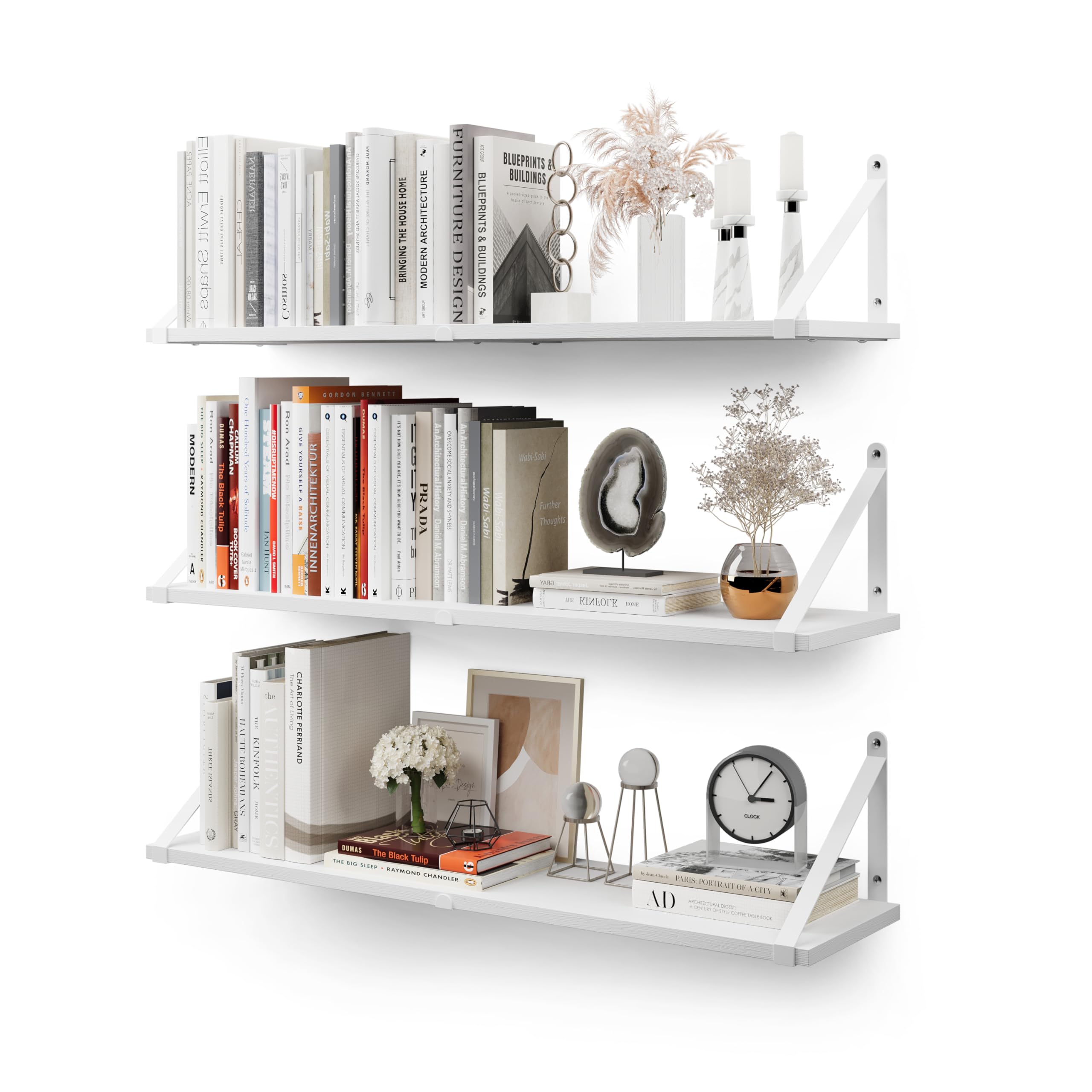 CASSA Set of 3 Floating Wall Bookshelves, 80x20cm, Bookshelf for Bedroom, Living Room, Office, Bathroom, Kitchen, Rustic Wood with Metal Stand (White)