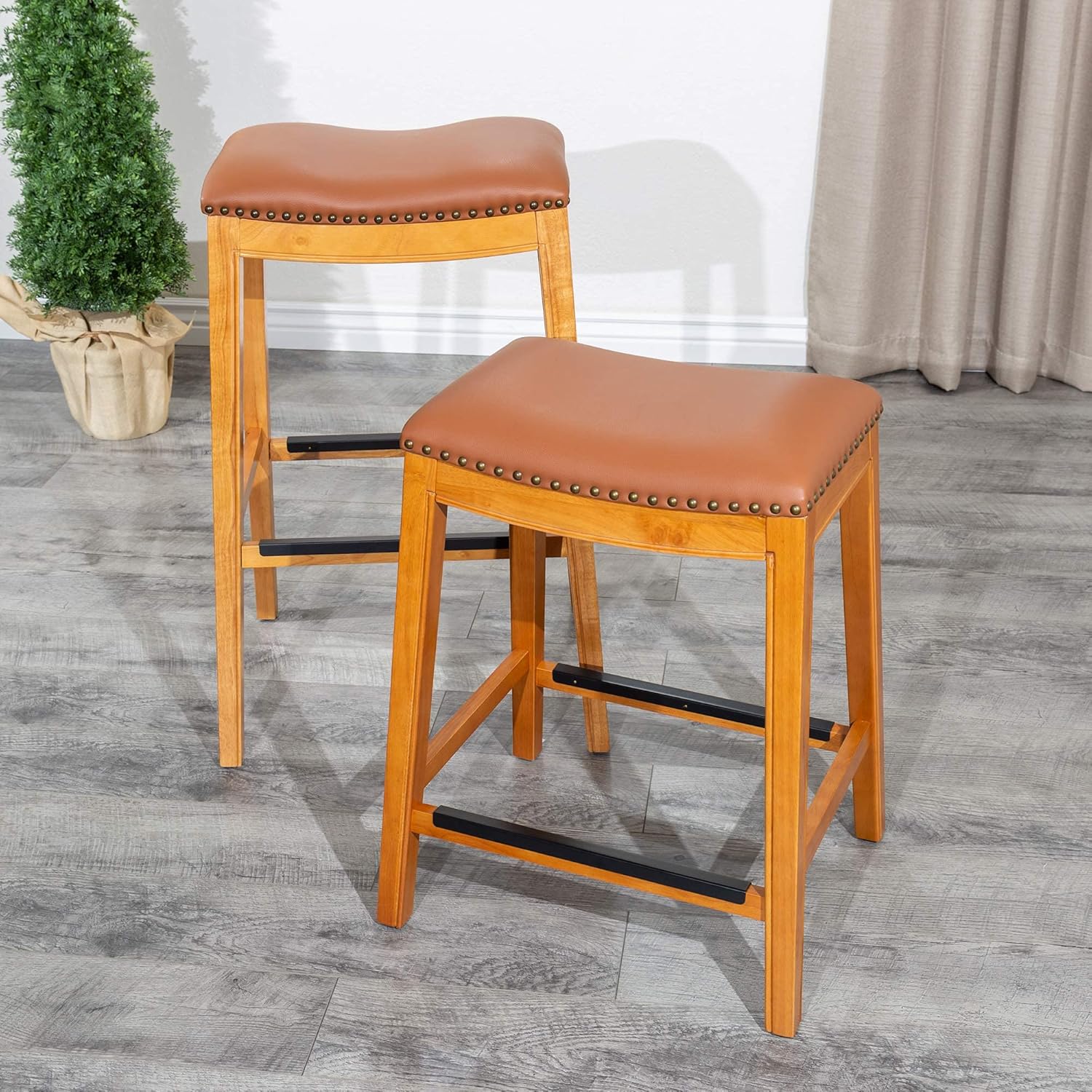 Natural Finish Saddle Leather Backless Bar Stool