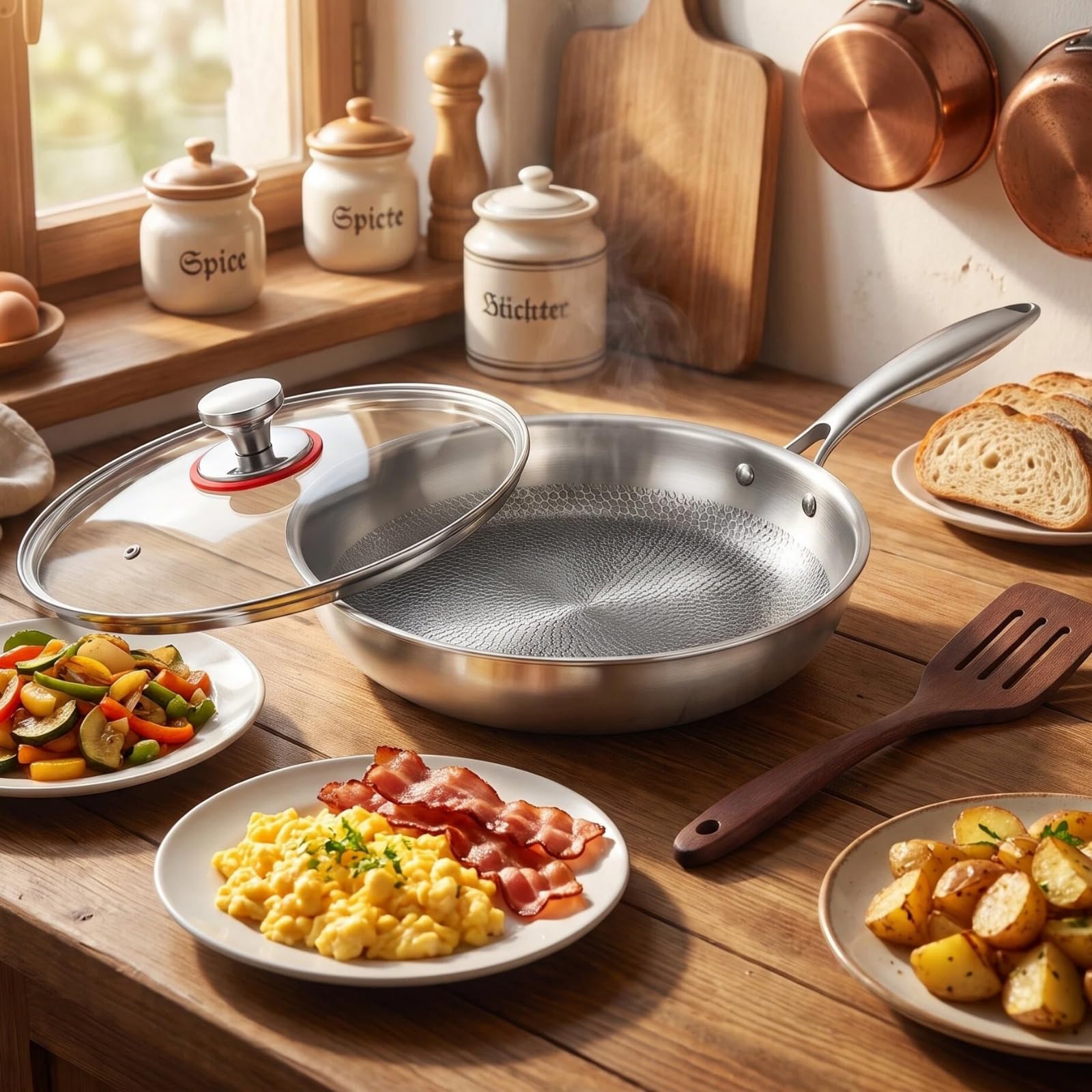 Poêle en titane 26 cm, poêle en titane avec couvercle, revêtement antiadhésif, ensemble de spatules en titane, résistante aux rayures, compatible avec tous les types de cuisinières