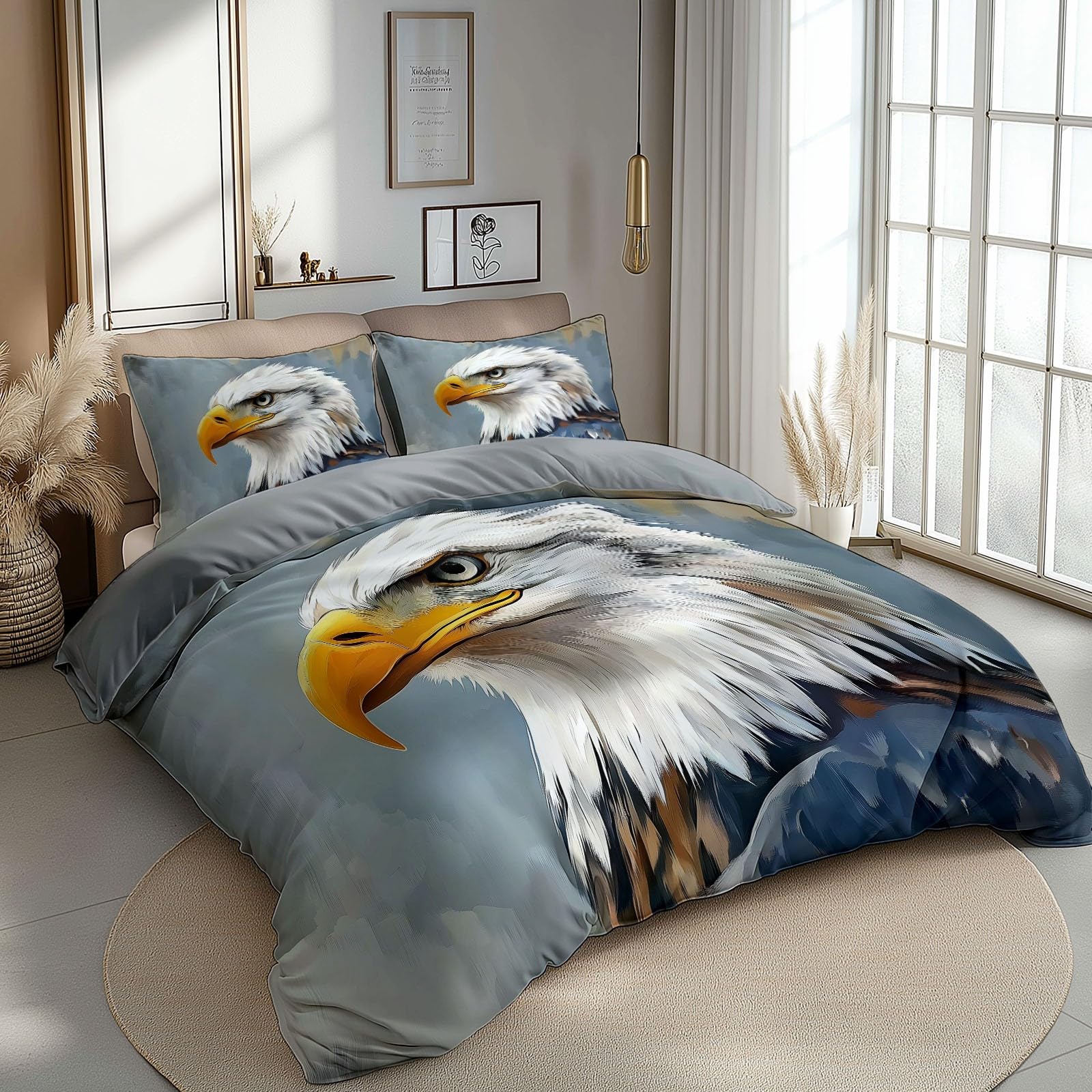 Juego de funda nórdica con estampado Sencillo Pintura Al óleo águila Calva para adultos, adolescentes De Microfibra con Cremallera Gris Funda nórdica Lavable - 230 x 220 cm Ropa de cama