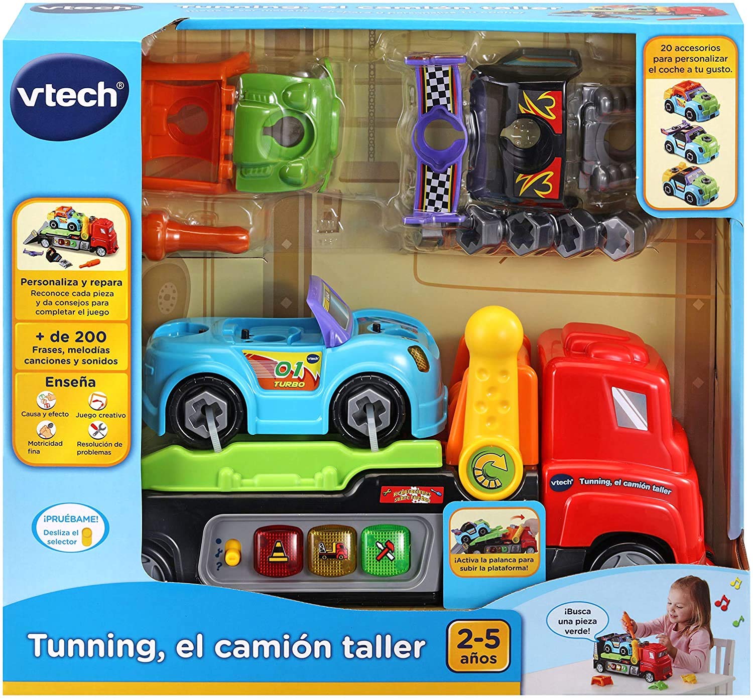 VTech - Tunning el camión Taller, Tráiler Interactivo con Herramientas y Accesorios para Arreglar tu Coche, aprende sobre vehículos y Seguridad Vial, Diferentes misiones y retos (80-517622)