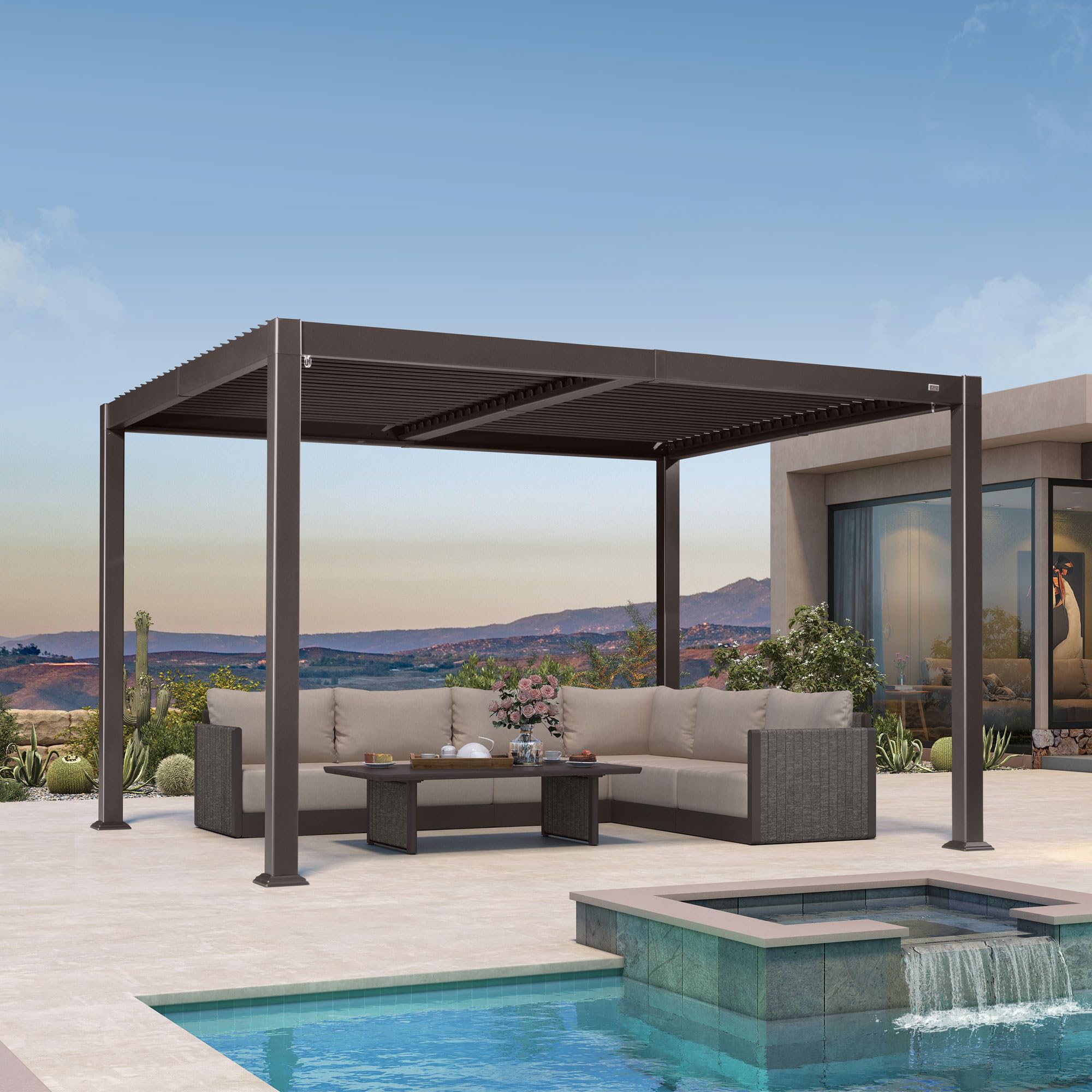 PURPLE LEAF 10' x 12' Louvered Pergola Outdoor Adjustable Louvre Shade Modern Patio Aluminum Pergola with Retractable Roof for Deck Backyard Garden Hardtop Gazebo, Bronze