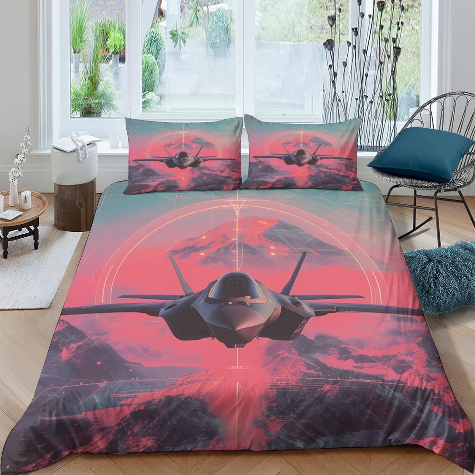 Ctjqhvkz Style-2 3D Printed Fighter Jet Sunset Fitted Sheet Microfiber Soft Breathable Red Sky Bed Cover For Bedroom Guest Room Decor Single（135X200cm）