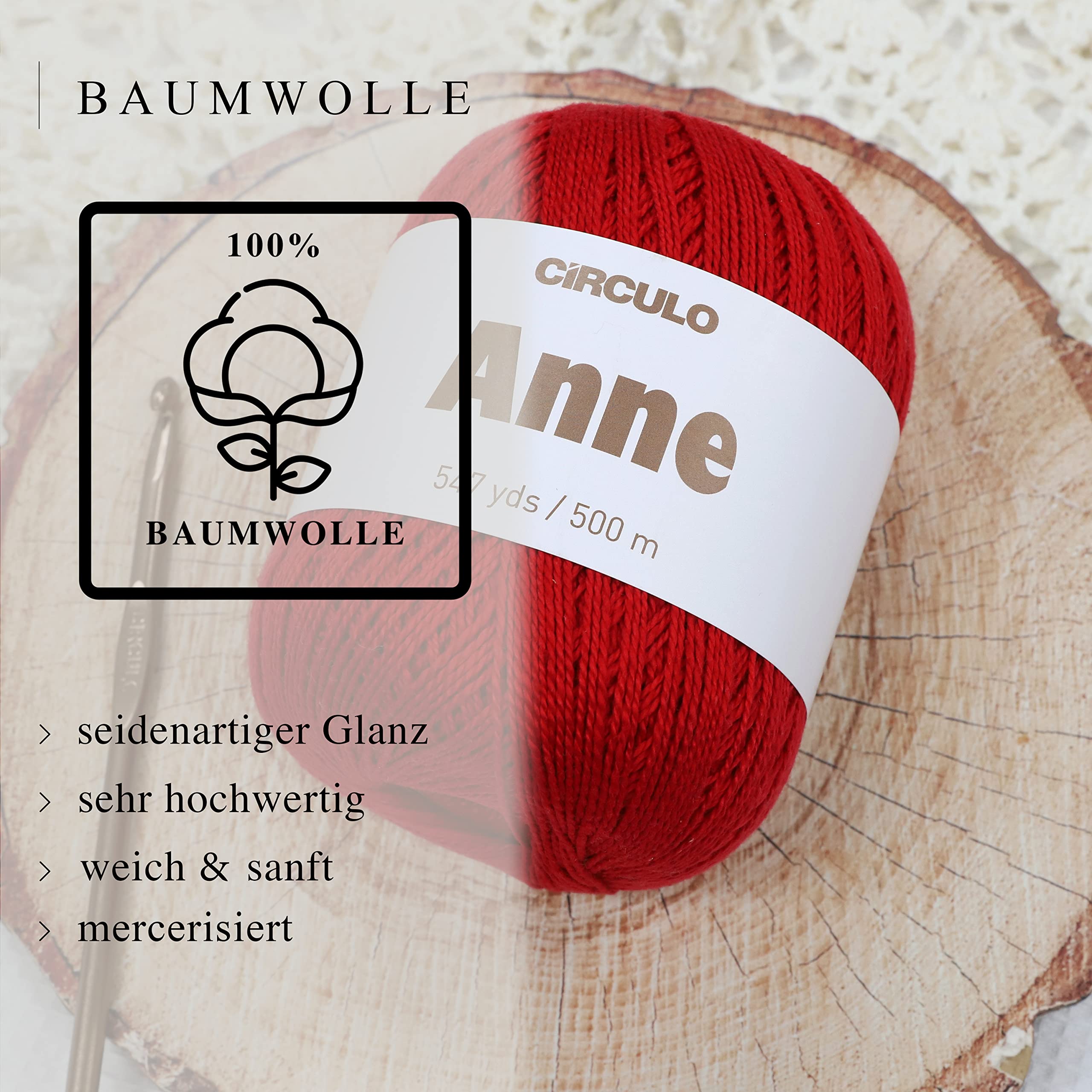 Circulo Anne Yarn 100% Mercerized Cotton 147g - 3528, red, Fingering weight - Image 2