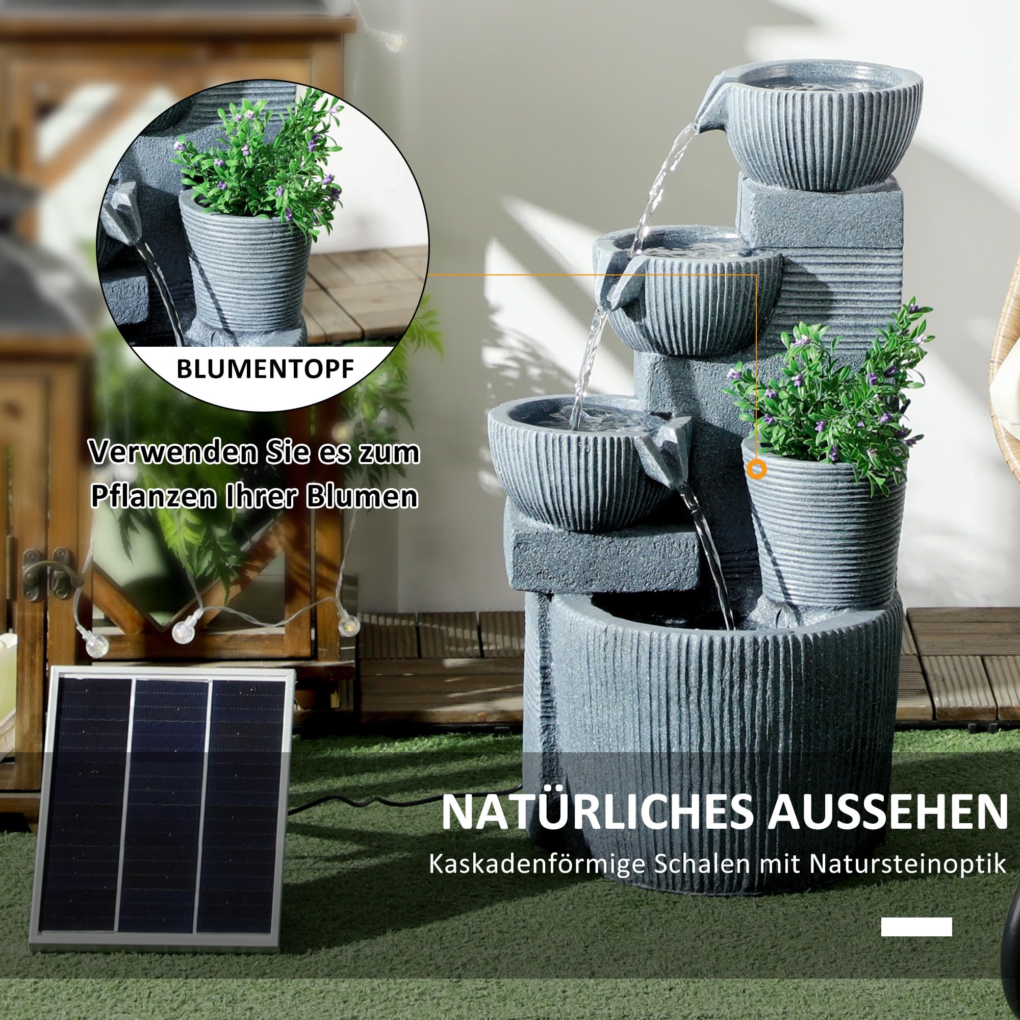 Outsunny Springbrunnen aus Kunstharz Outdoor Gartenbrunnen mit LED Beleuchtung 4 Stufen Steinoptik Pumpe Dekorationsbecken Zimmerbrunnen Zierbrunnen für Garten Rasen 31x27x57 cm Grau