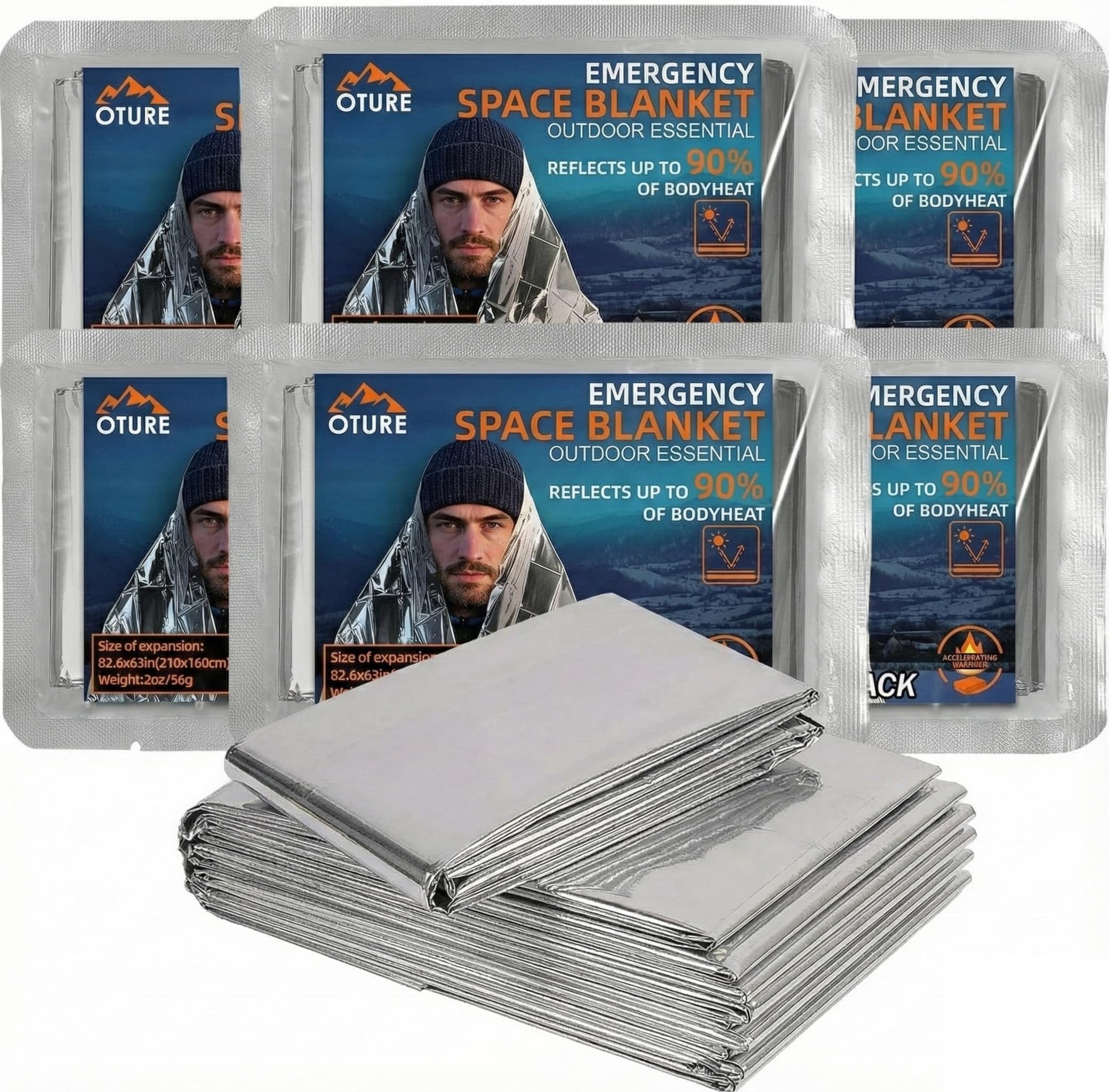 Oture 6 Piezas Manta Térmica Supervivencia Reutilizable, 210x160cm Manta Termica Emergencia Grande, Mantas Supervivencia Aluminizada para Exteriores, Senderismo, Camping