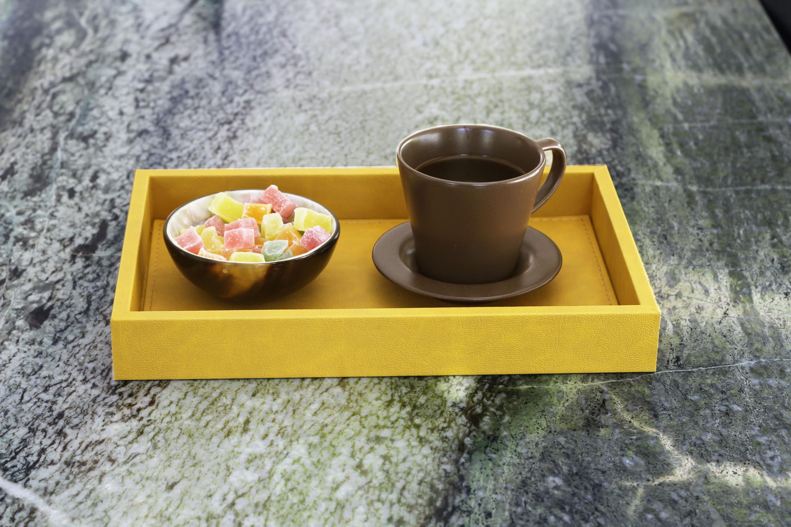 MOENA Faux Leather Tray – Elegant & Versatile Organizer for Home, Office, and Yacht (Matte Yellow, Small)