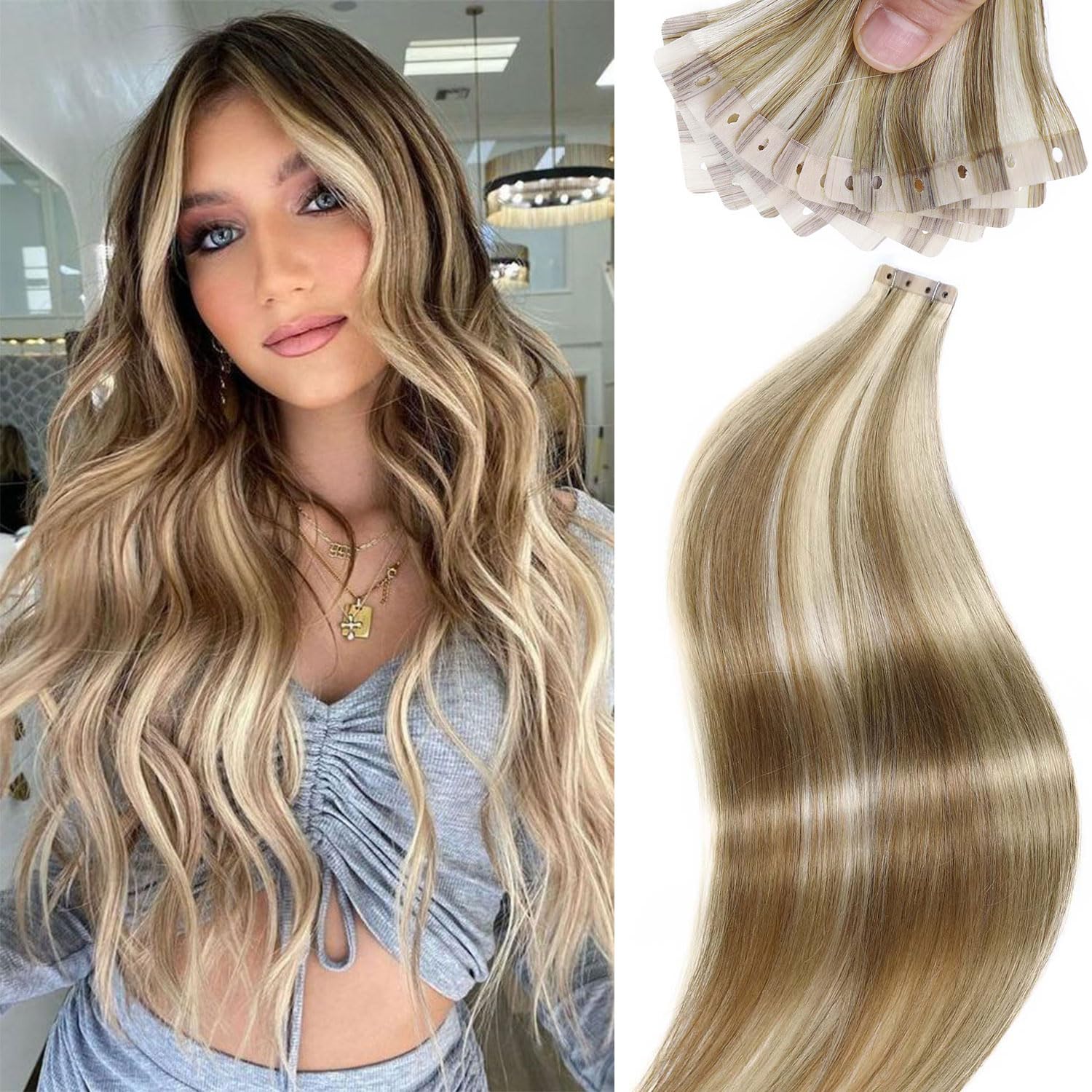 FANCEE OVO Hair Extensions Real Human Hair PU Holes Wefts with Micro Beads Blonde Highlight Volume Upgrade Butterfly Seamless Weft Invisible Beaded