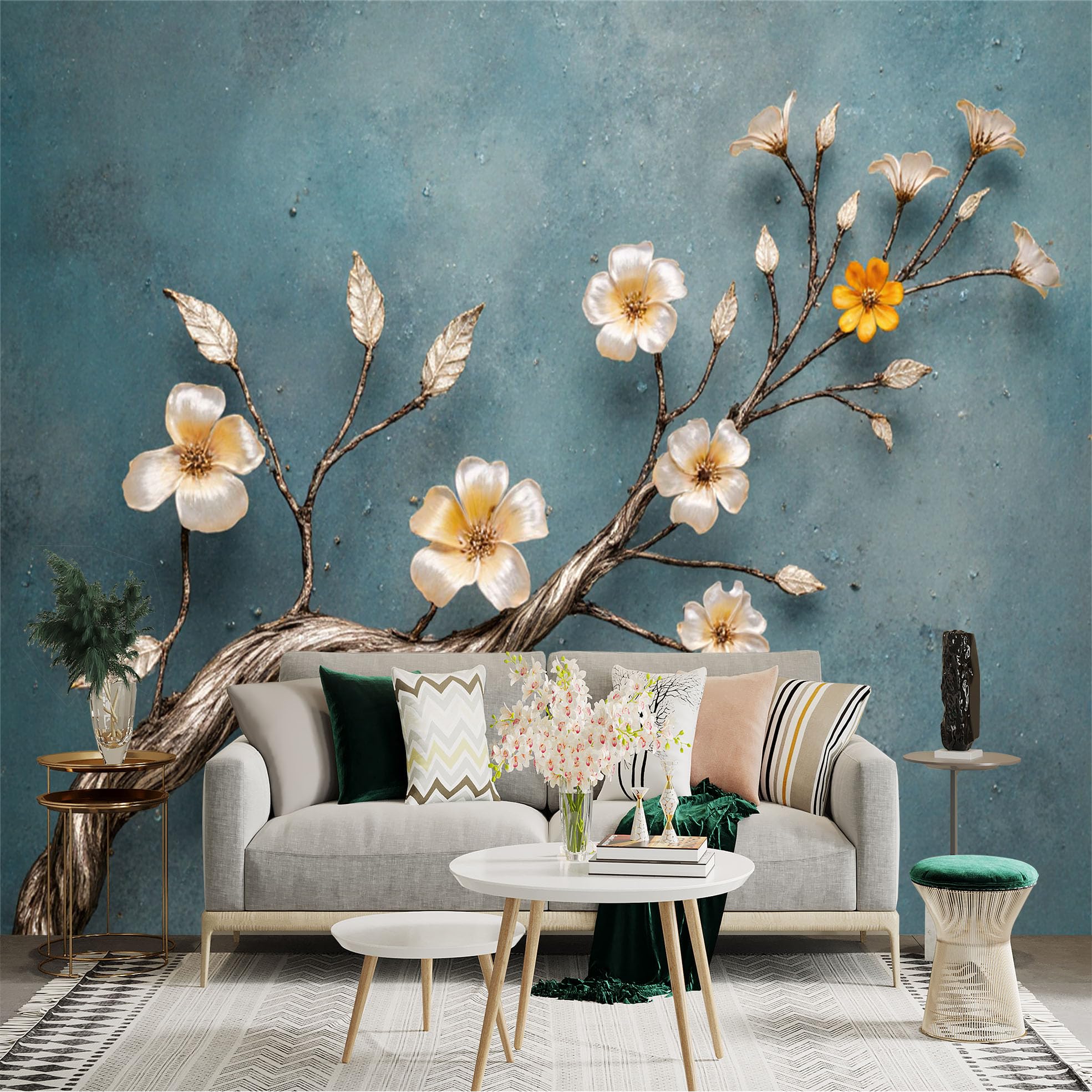 Custom Size Wall Sticker Mural， Metallic Floral Branch with Pearl Blossoms and Blue Background， for wall Decoration， peelandstick wall Decals.