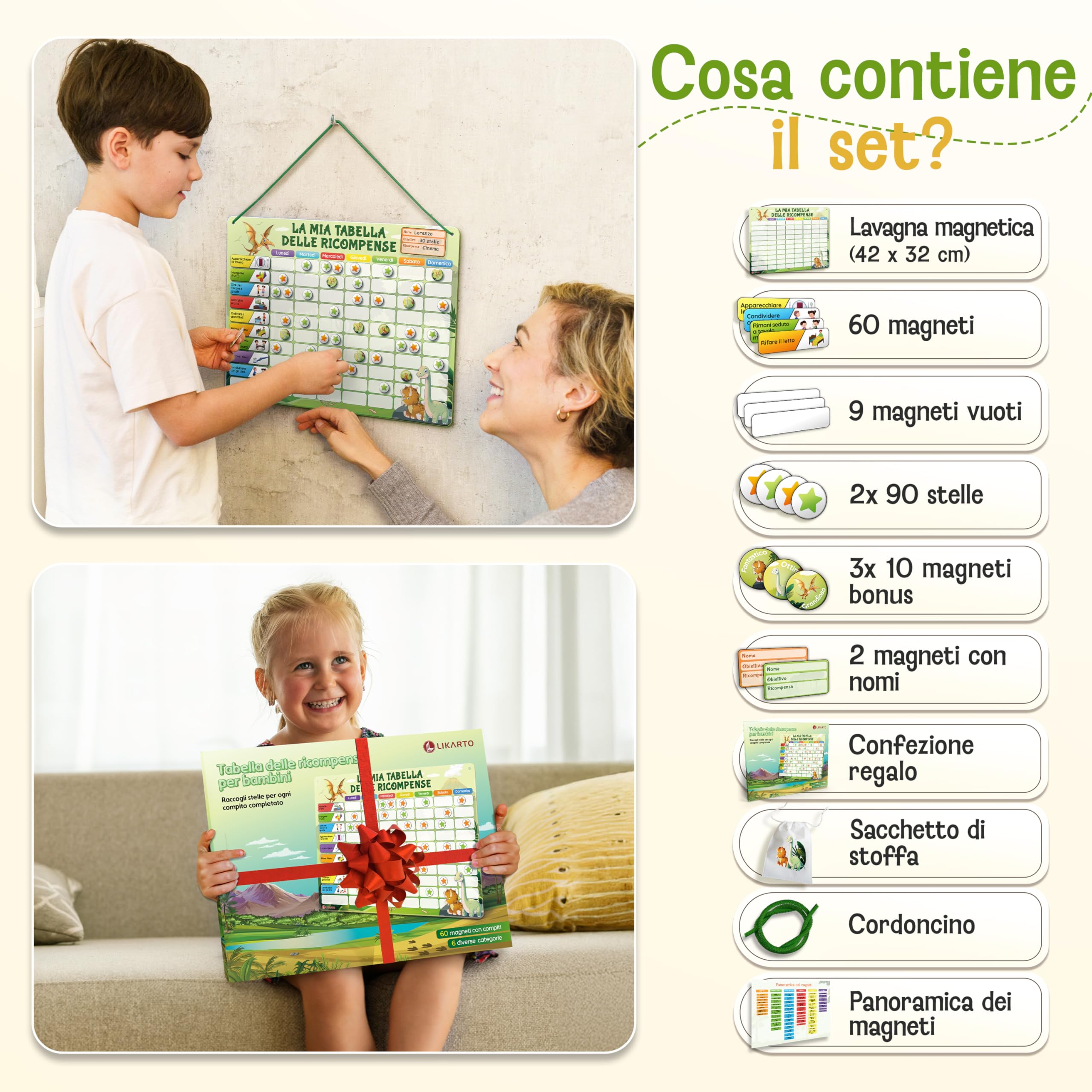 LIKARTO Tabella delle Ricompense per Bambini - Tabella magnetica con numerose attività e 280 magneti - Stimola i bambini a comportarsi bene - Calendario bambini montessori - Verde