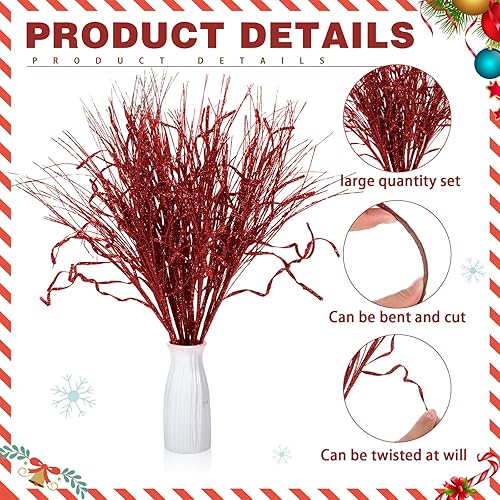 Miniatura 9 de Craftsatin 24 piezas de ramas rizadas para árbol de Navidad, Halloween, Navidad, ramas con purpurina, ramas con purpurina, arreglo floral con