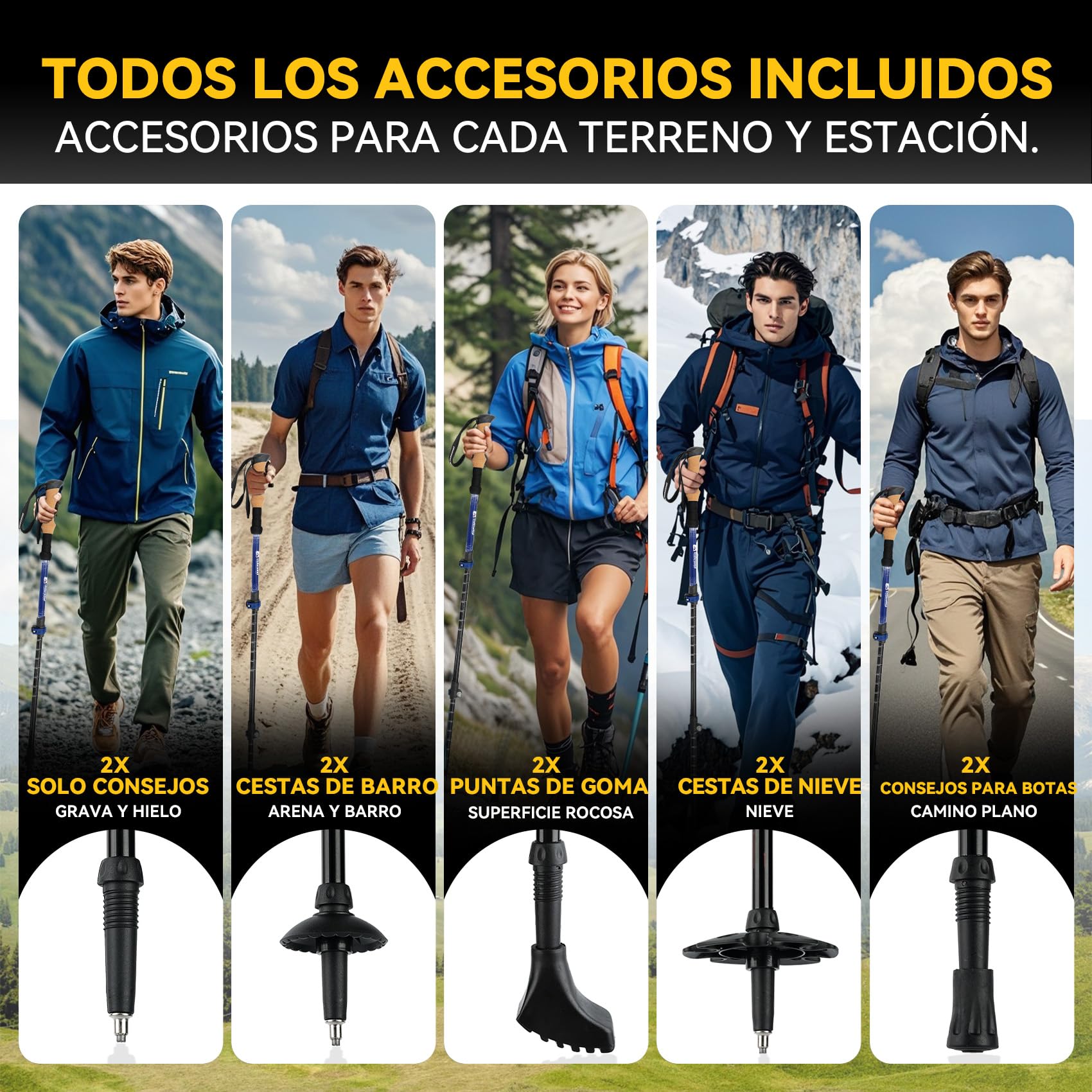 Bastones de Marcha Telescópicos Carbono 2 Stück, Ligeros 217g Mangos Corcho | Nórdicos, Amortiguación, Correas Ajustables, 4 Accesorios, para Mujer Hombre Senderismo Trail Running Viaje