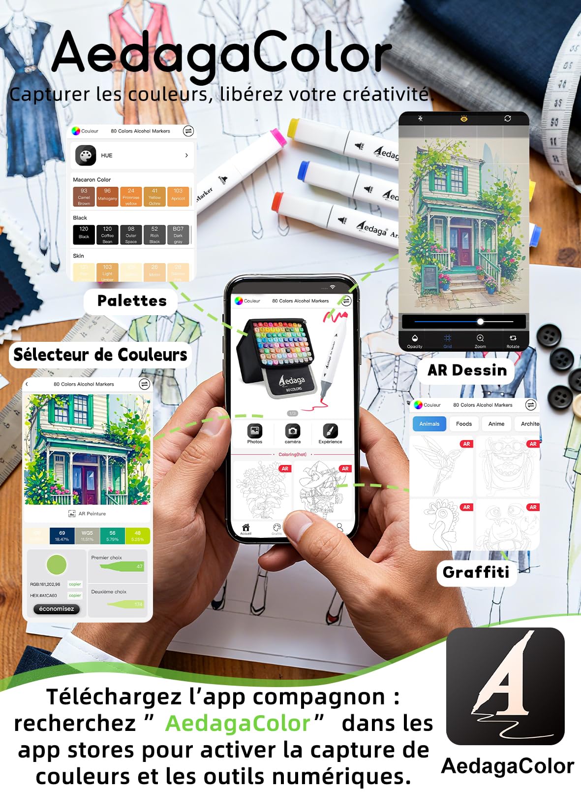 AEDAGA 200 Couleurs Feutre a Alcool avec App Marqueurs Alcool Double Pointe