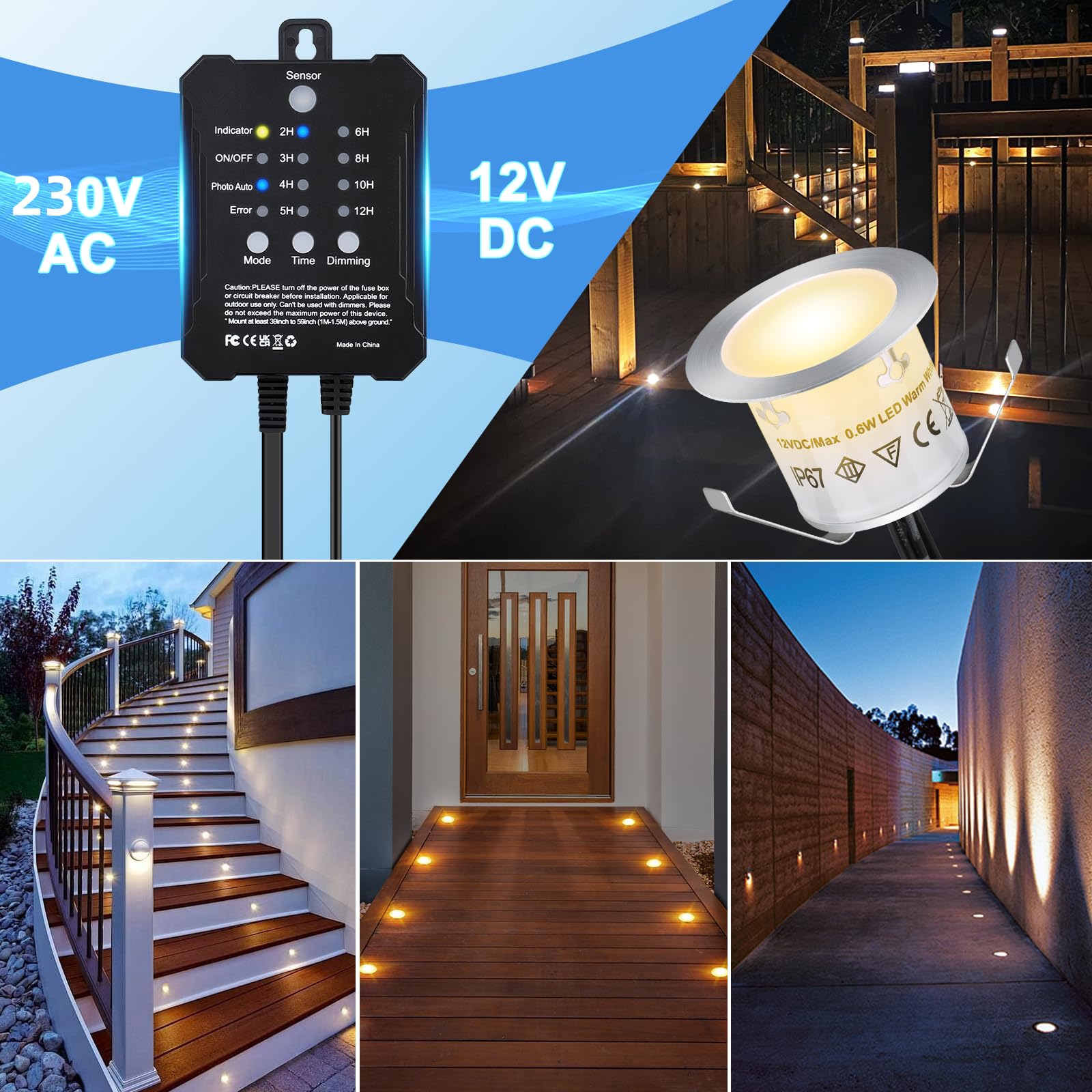 SMY Lighting 20 przyciemnianych reflektorów do zabudowy tarasowej, ciepła biel, z czujnikiem czasu i fotokomórkami, 12 V 0,6 W Ø 32 mm LED do wbudowania w ziemię, na taras, do ogrodu, mostu