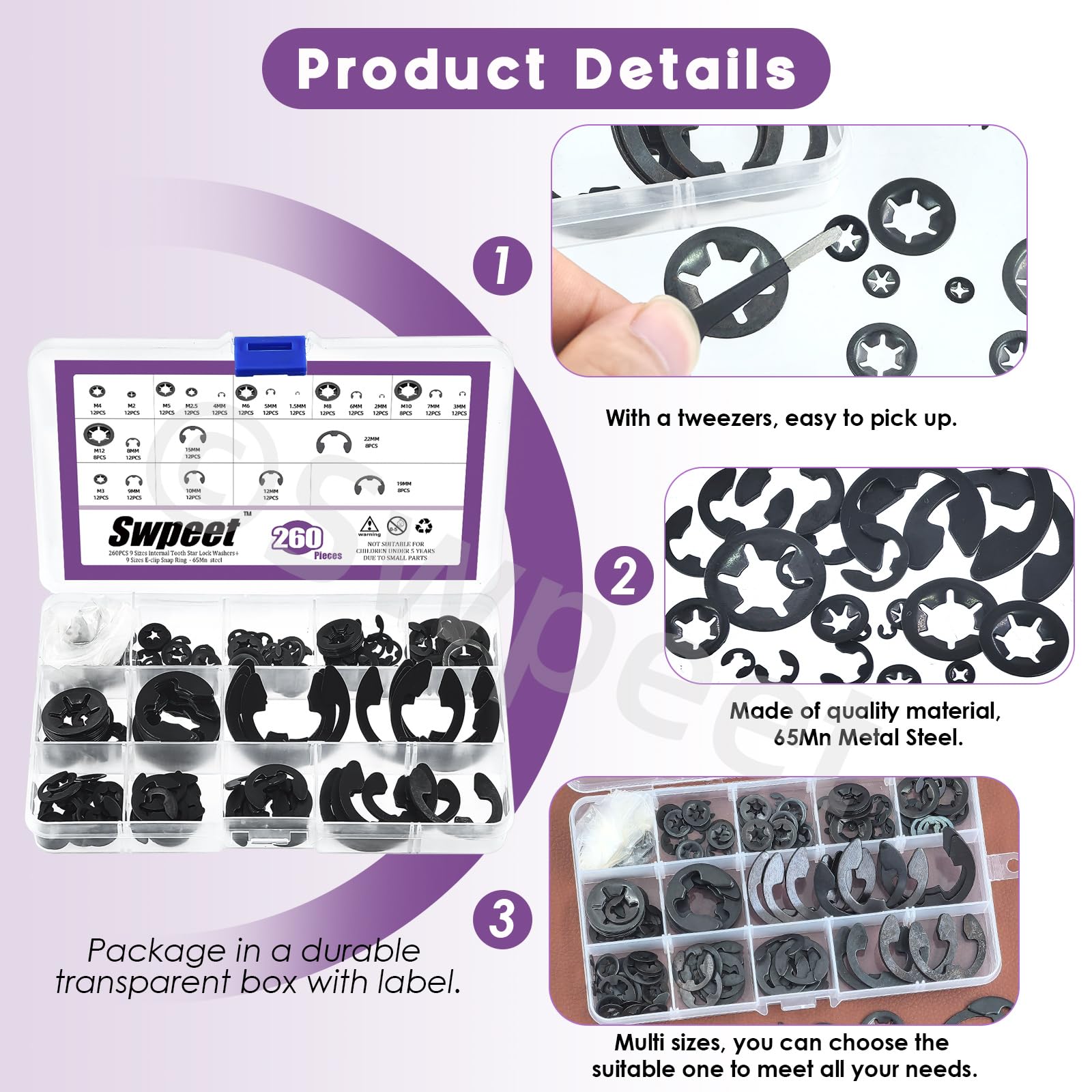 Swpeet 260Pcs Carbon Steel Steel Manganese Steel E-Clip and Internal Tooth Lock Washers with Tweezers Assortment Kit - Image 4