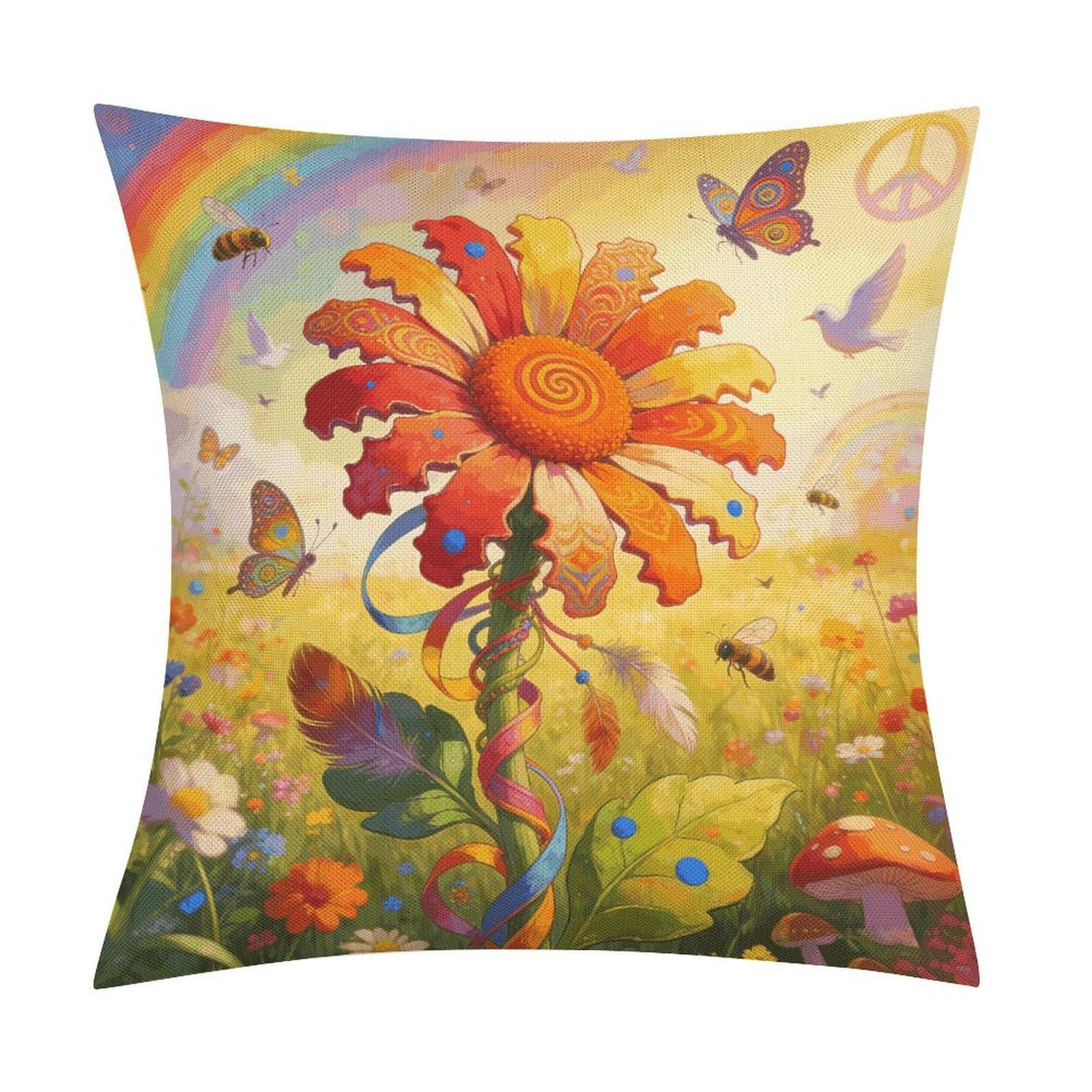 LZQPOEAS Hippie Daisy Throw Pillow Covers, Waterproof Faux Linen Pillow Cases with Invisible Zipper, Decorative Square Cushion Covers for Sofa Couch Living Room Bedroom 18x18 Inch