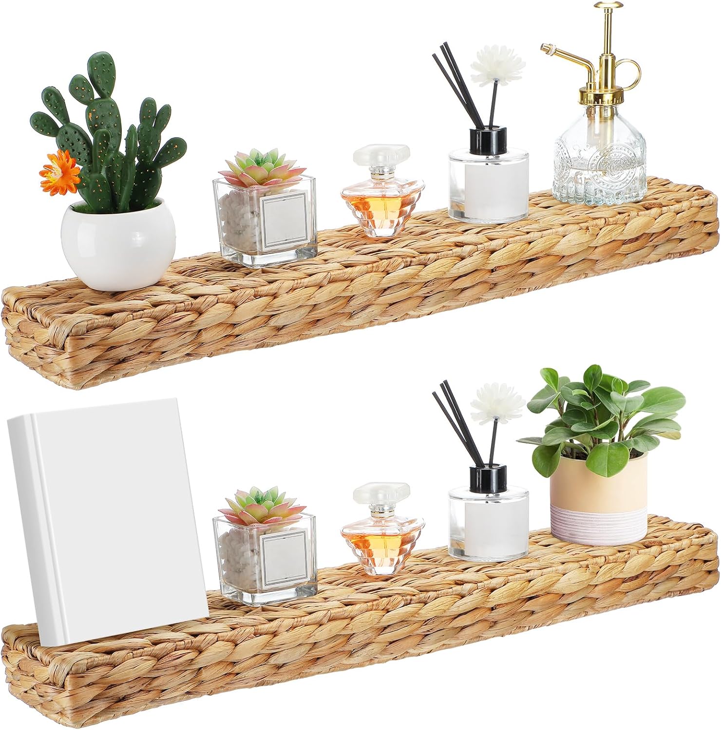 Pinkunn 2 Pack Handwoven Water Hyacinth Floating Wall Shelf 23.6 Inch Woven Wall Mounted Shelf Rustic Floating Shelves for Bathroom Bedroom Kitchen Living Room Storage Shelves Over Toilet