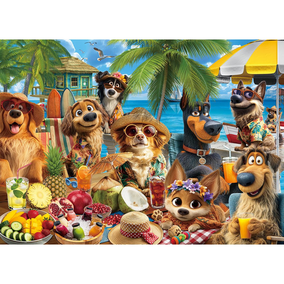 HUADADA Tropical Beach Vacation Dogs 500 Piece Jigsaw Puzzle,Best Gifts | Colorful art pieces, Durable cardboard, anti-glare surface, relaxing puzzles, artwork, home décor.