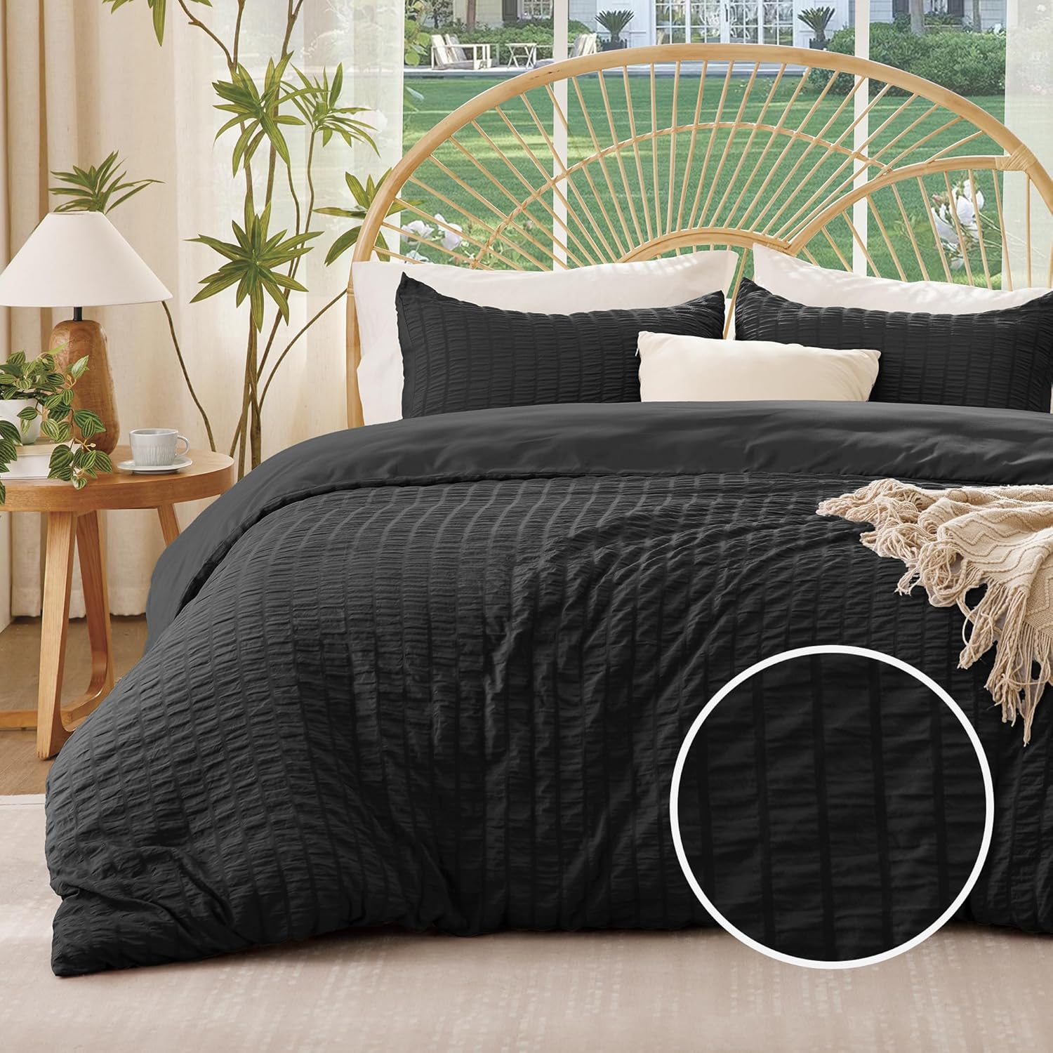 FreshCulture Black Duvet Cover Queen Size, 3-Piece Seersucker Duvet Cover Set, Ultra Soft Microfiber Bedding for All Seasons, Zipper Closure & Corner Ties(90"x90" + 2 PillowSham 20"x26")