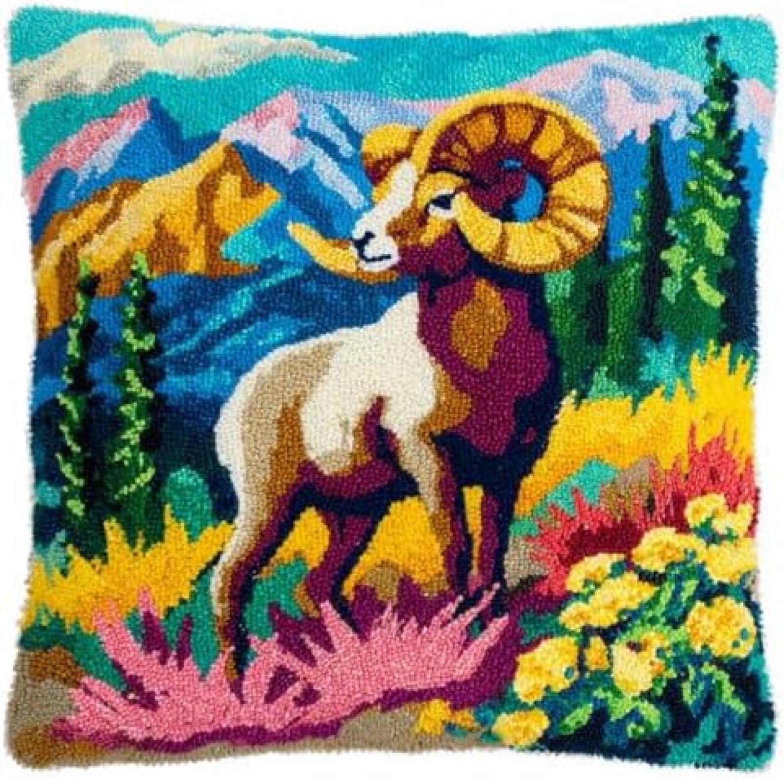 kitphoenix DIY Pillow Cover Latch Hook Kit for Adults,Bighorn Sheep Alpine Meadows,Pre-Printed Rug Hooking Craft Kit with Yarn and Hook,43x43 cm Cushion Case Making Set