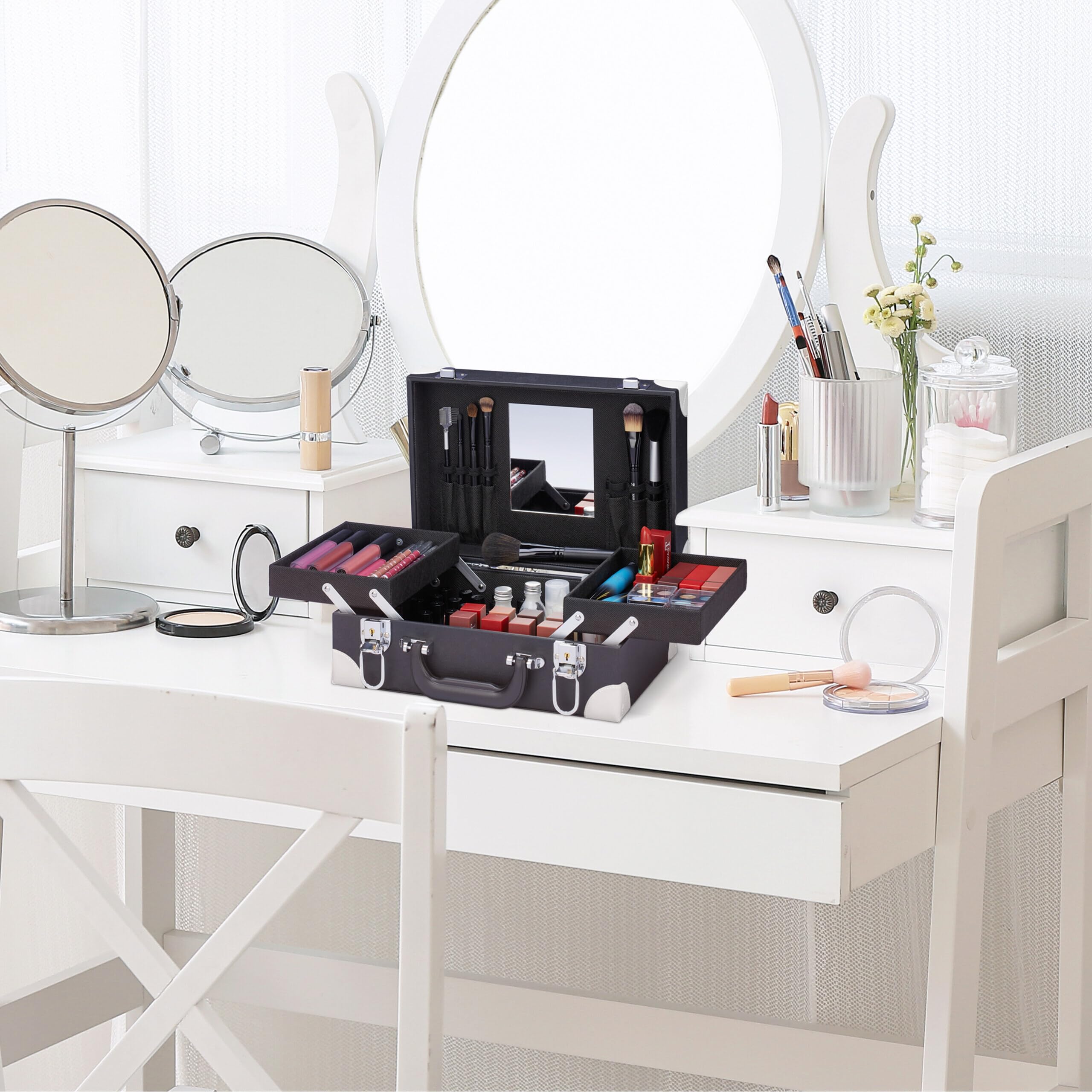 Relaxdays Valigetta per Trucchi, Organizer Make-Up per Cosmetici con Specchio, HLP 12,5 x 31 x 23 cm, Vuoto, Nero Bianco